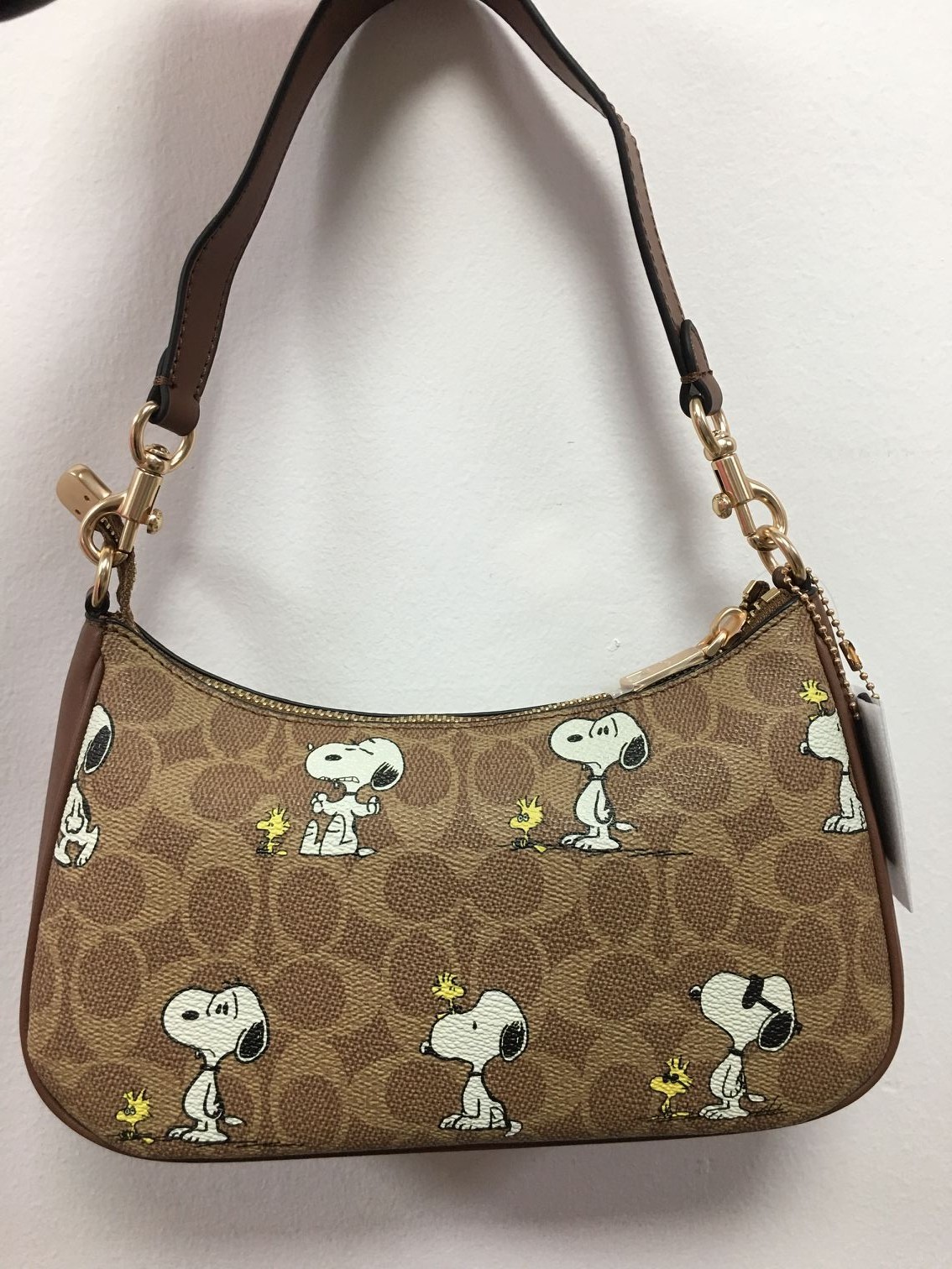 COACH x PEANUTS Teri Shoulder Bag Tan Brown Snoopy Print Signature Canvas CBJ88