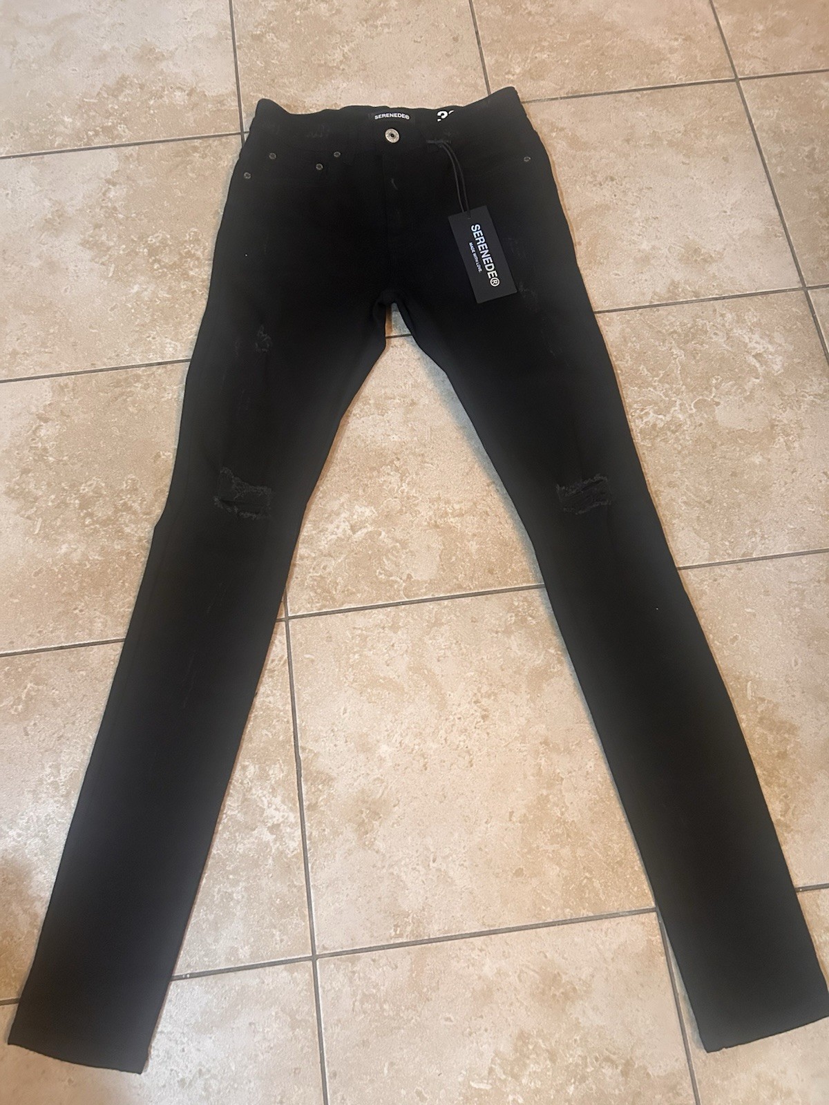 Serenade Men’s Black Dark Wash Skinny Slim Fit Stretch Distressed Jeans