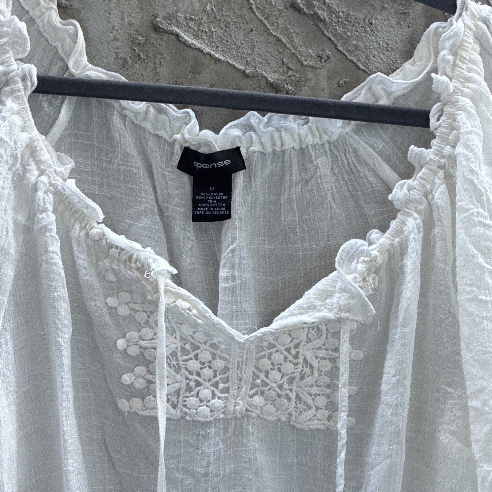 Romantic Pense White Off-Shoulder Solid Lace Ruffle Blouse Woven 3/4 Sleeve M