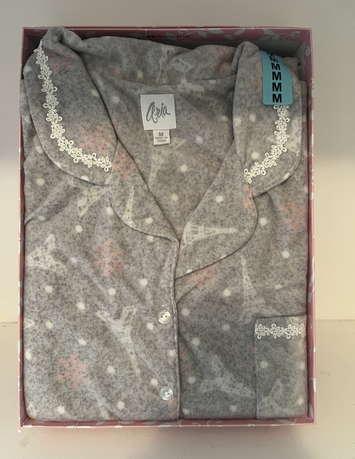Aria Women’s Gray Fleece Reindeer 2-Piece Button Pajama Set Pockets M