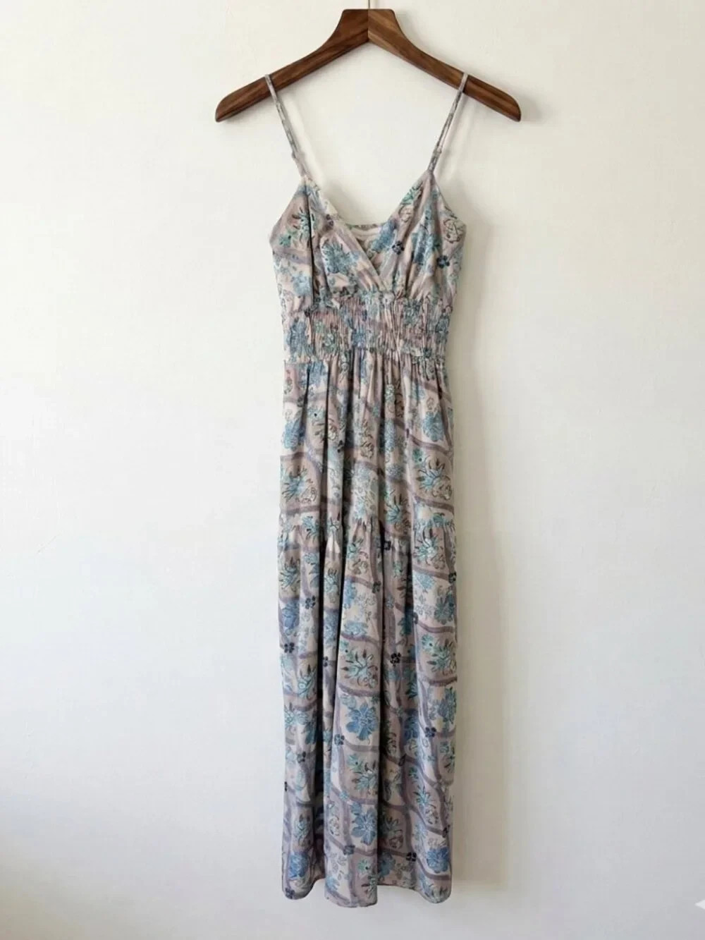 Monteau Los Angeles Linen Blend Maxi Dress Small NWT Blue Floral Smocked Pockets