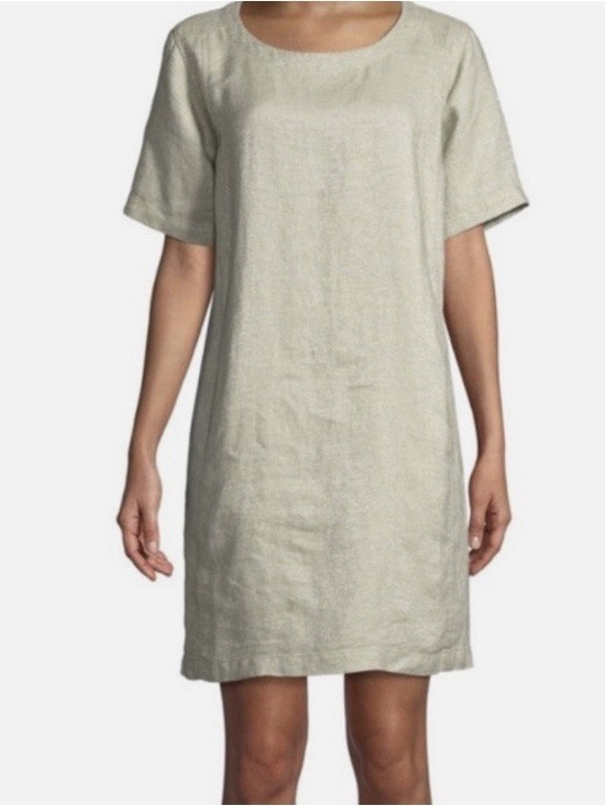 Eileen Fisher Gold Twinkle Organic Linen Beige Metallic Shift Dress, Pockets! xs