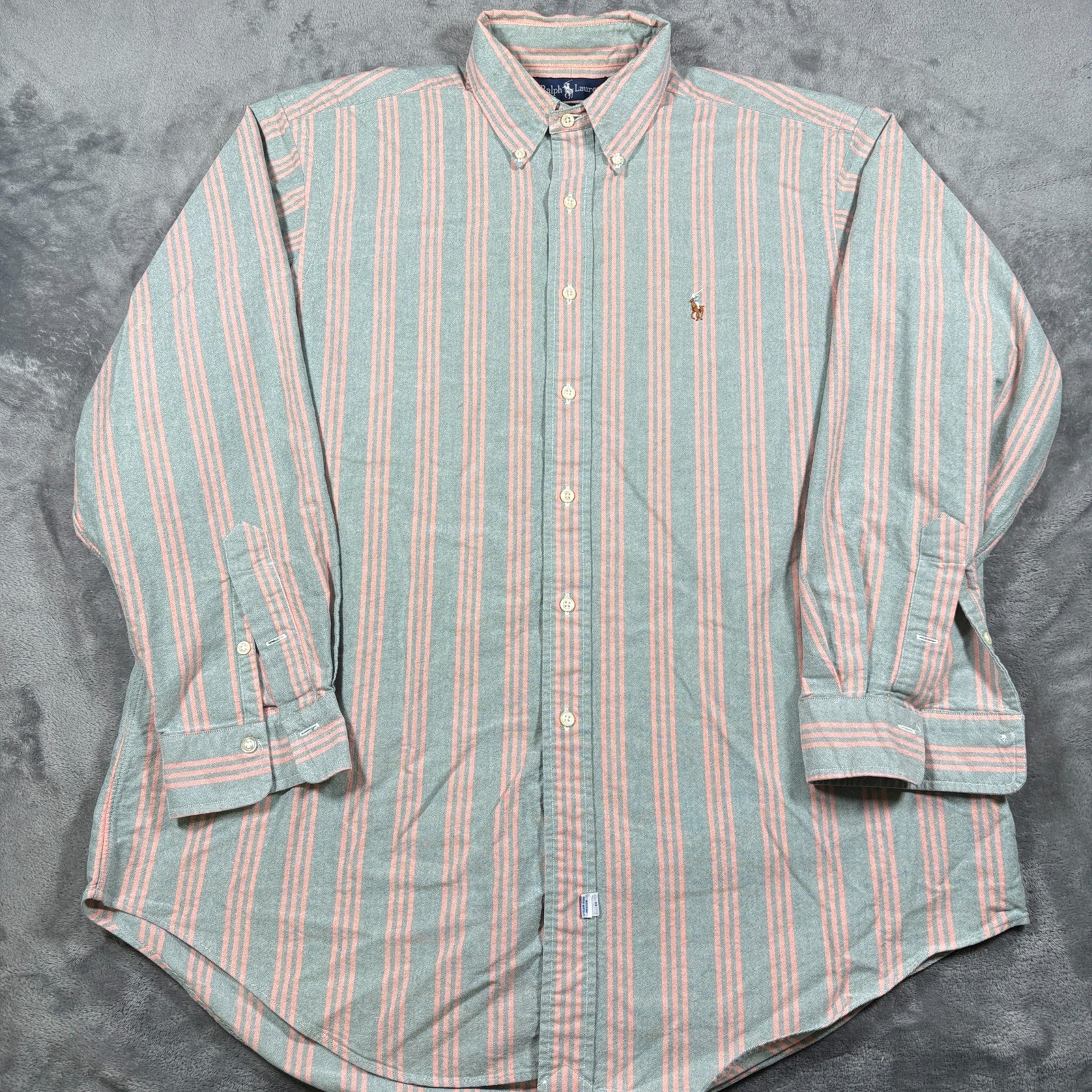 Ralph Lauren Dress Shirt Mens 17-34 Gray Pink Striped Oxford Office Wear Formal