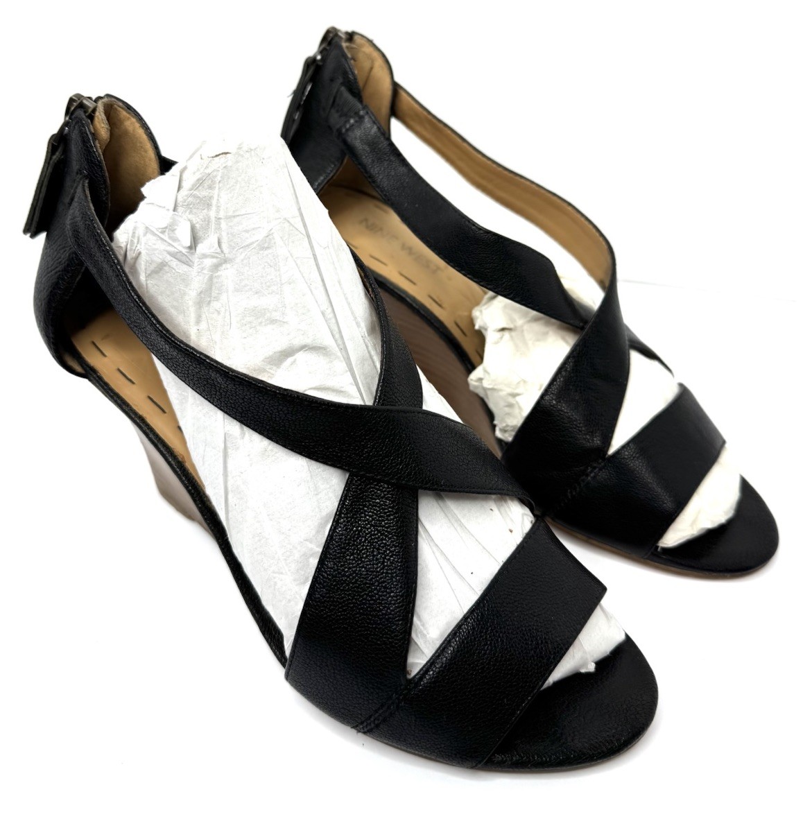 Nine West Women’s Black Leather Wedge Sandals Strappy Peep Toe Size 7M