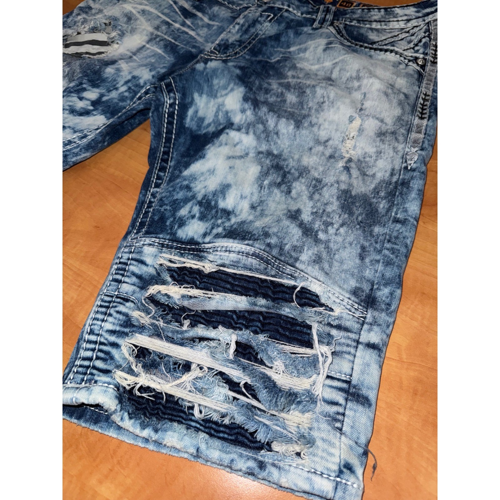 Rock Revival Montell Short Mens 40 Blue Acid Wash Distressed Moto Denim Shorts