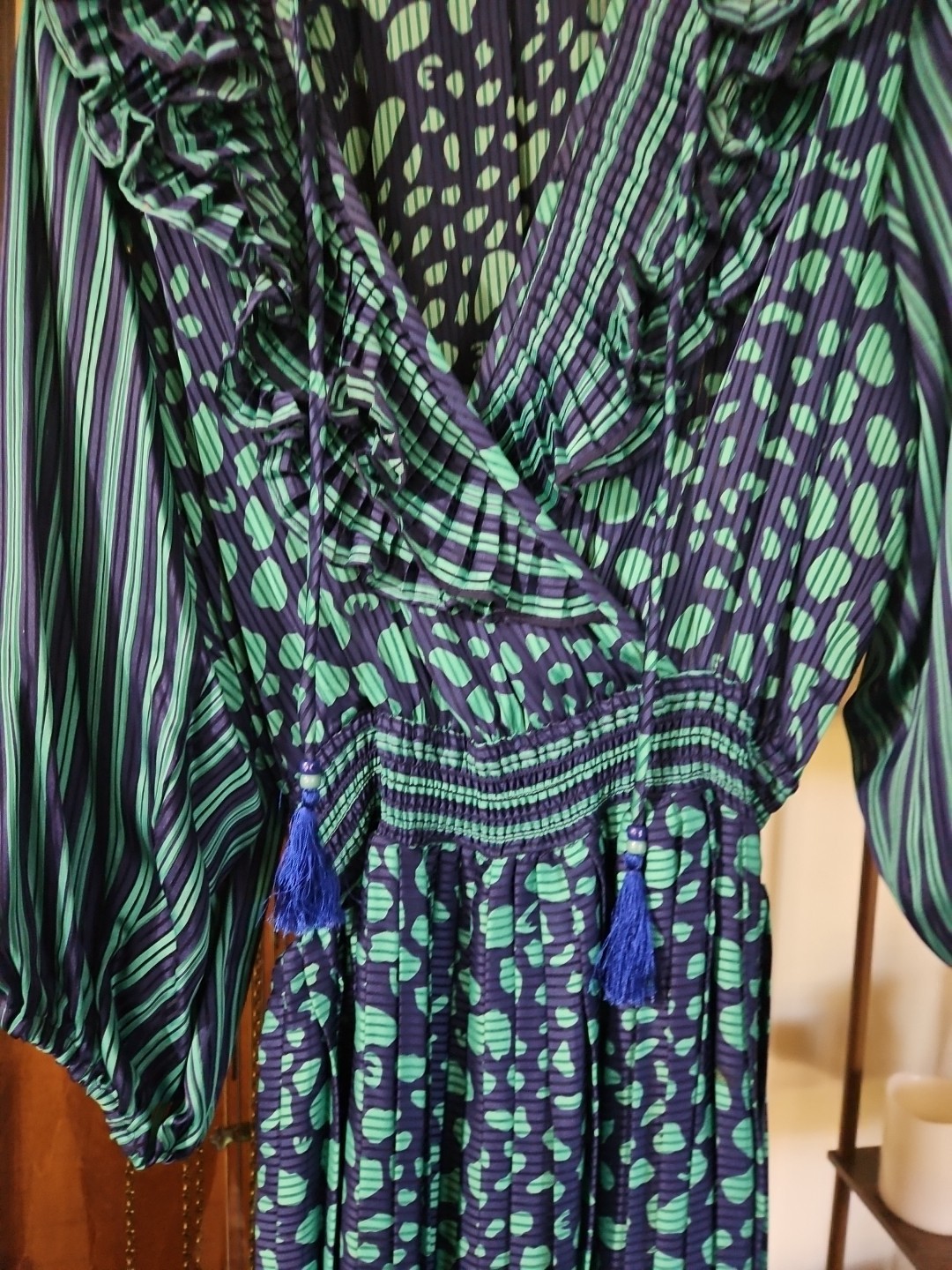 Neiman Marcus Vintage Preppy Academia Blue Green Pleated Ruffle Tassel Dress