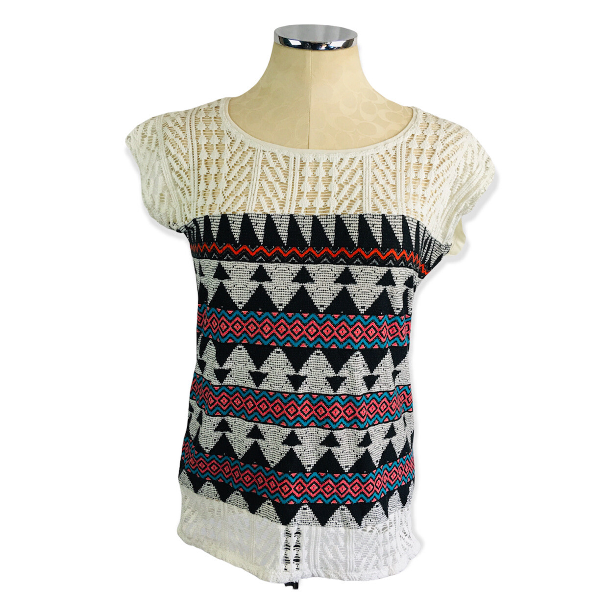 Large Sweetheart Cap Sleeve Pullover Top Junior Women’s Lace Yoke Slightly Sheer