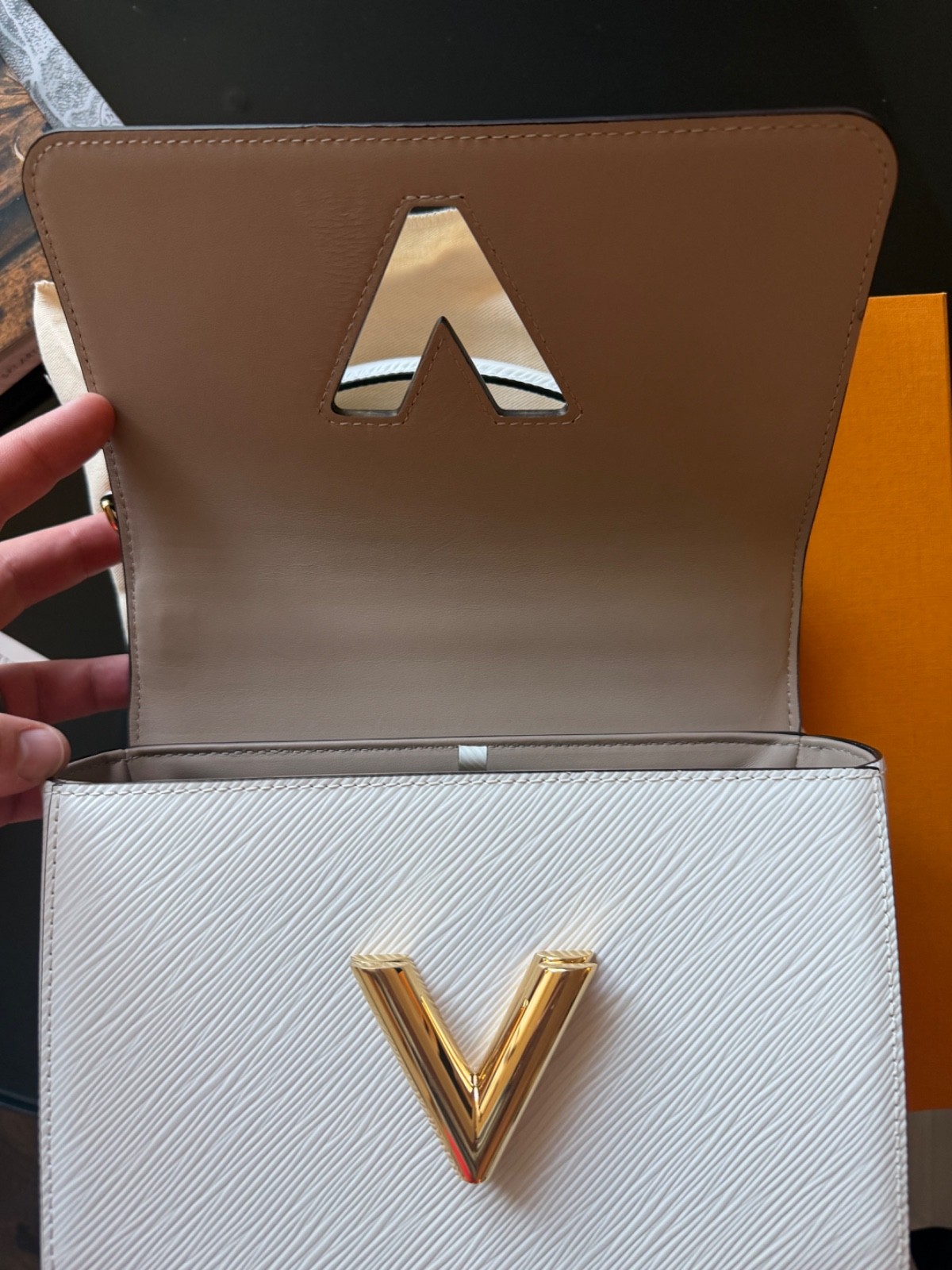 Louis Vuitton Twist MM White Épi Leather, gold hardware, epi leather hand