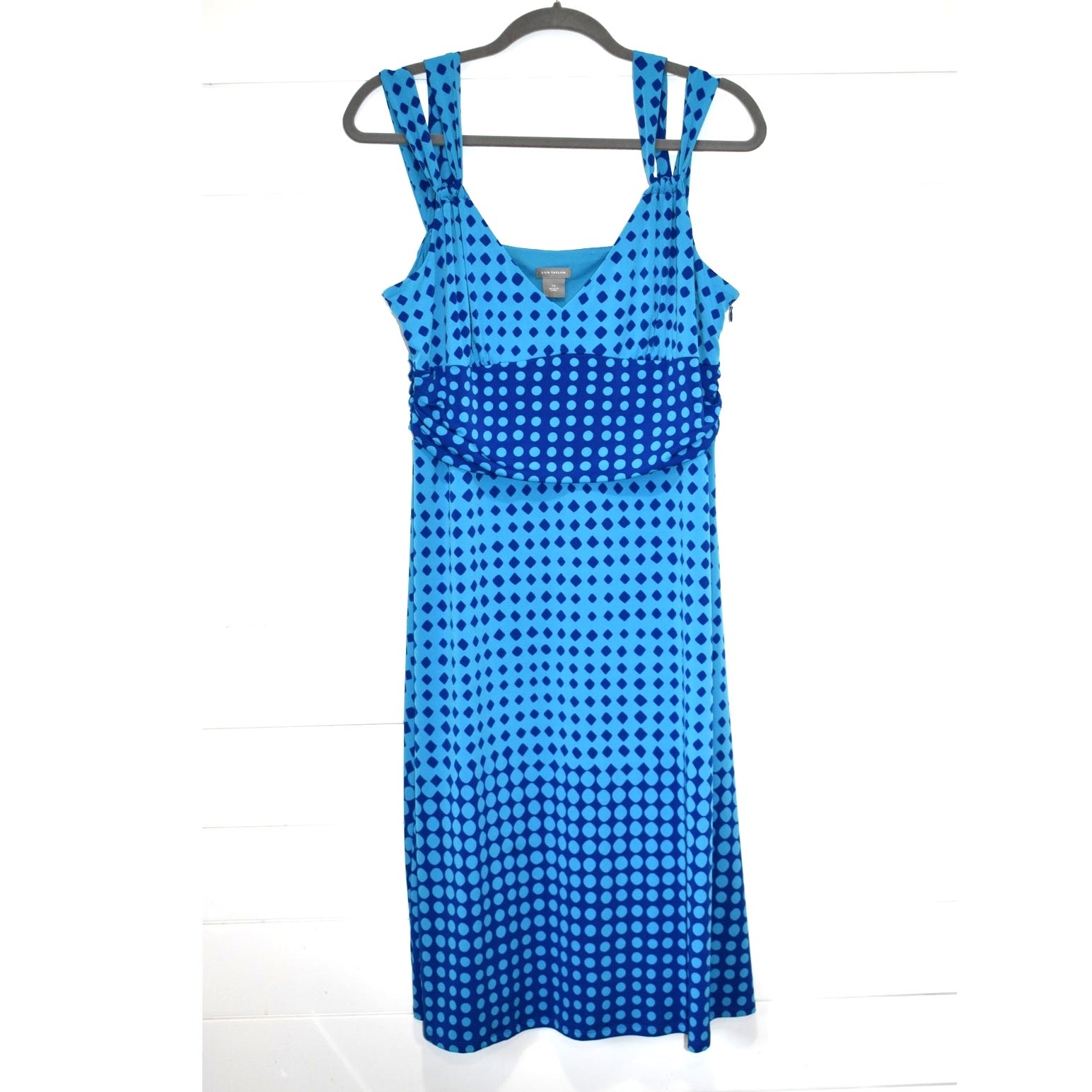 Ann Taylor Dress Size 14 Aqua Blue Polka Dot V-Neck Staps Flowy Twirl Fit Flare