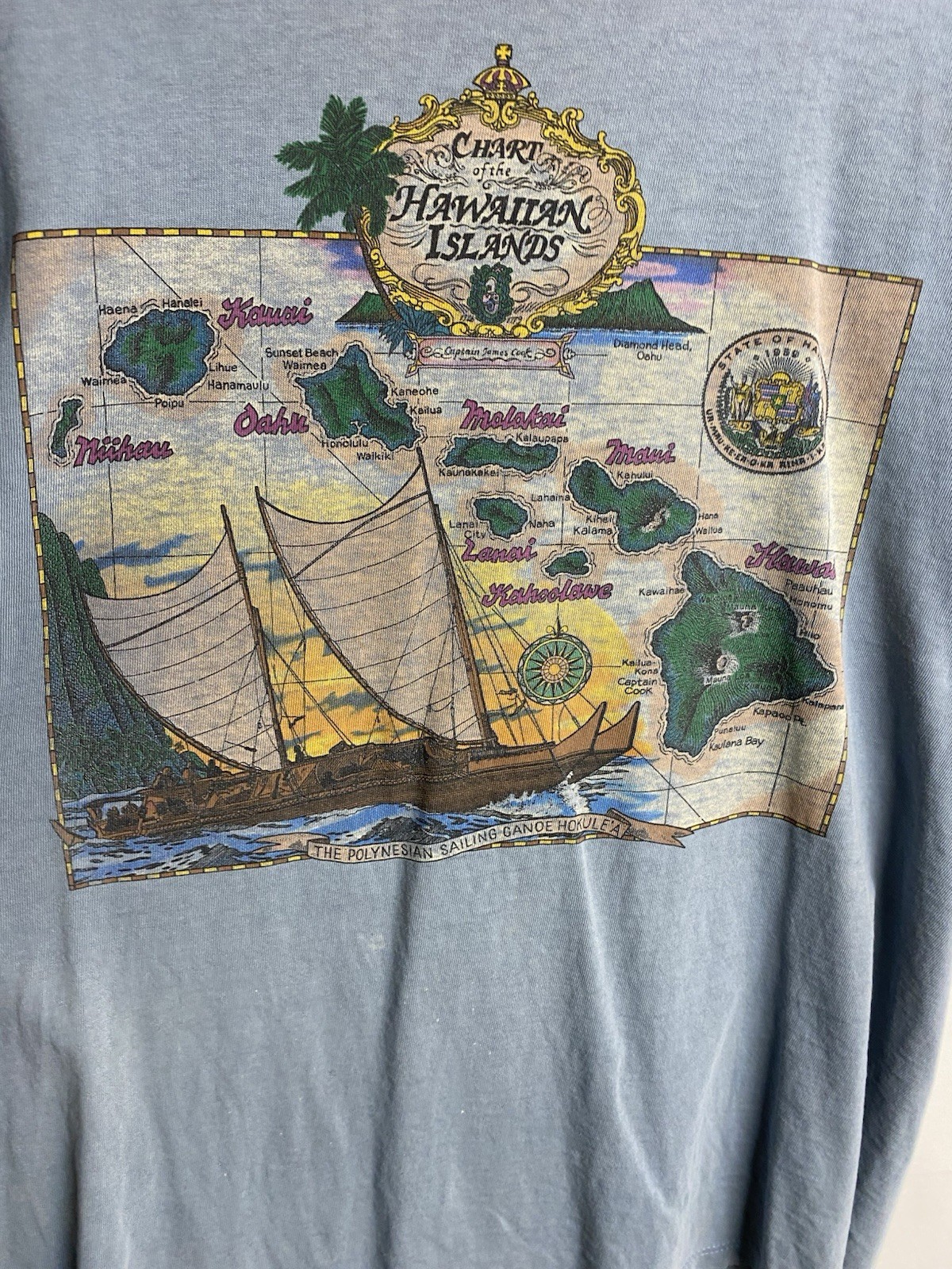 Vintage Total Tee “Chart of Hawaiian Islands” T-Shirt Blue Size L Made in USA