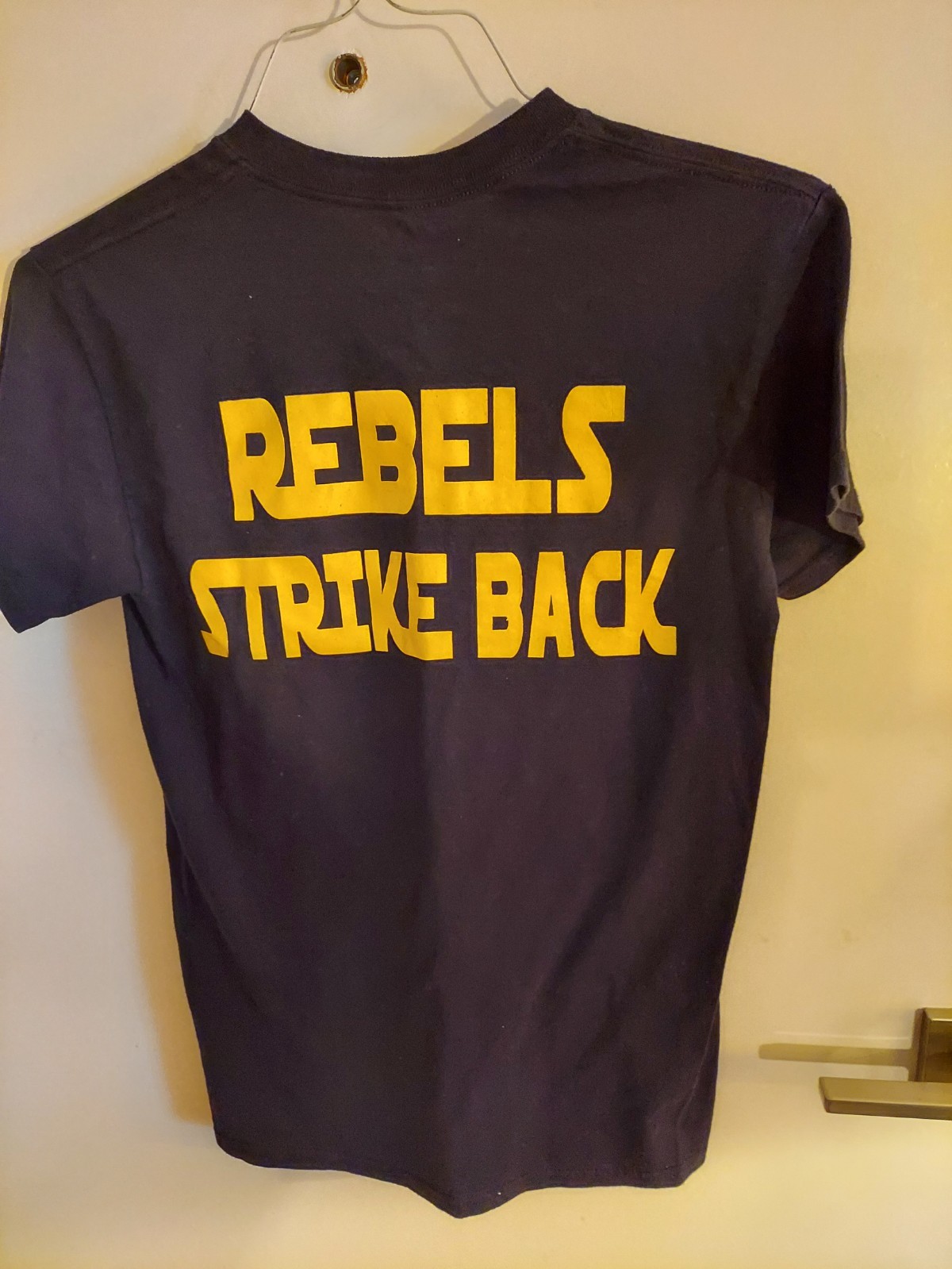Gildan black t-shirt, Star Wars on front, Rebels Strike Back on back, size S