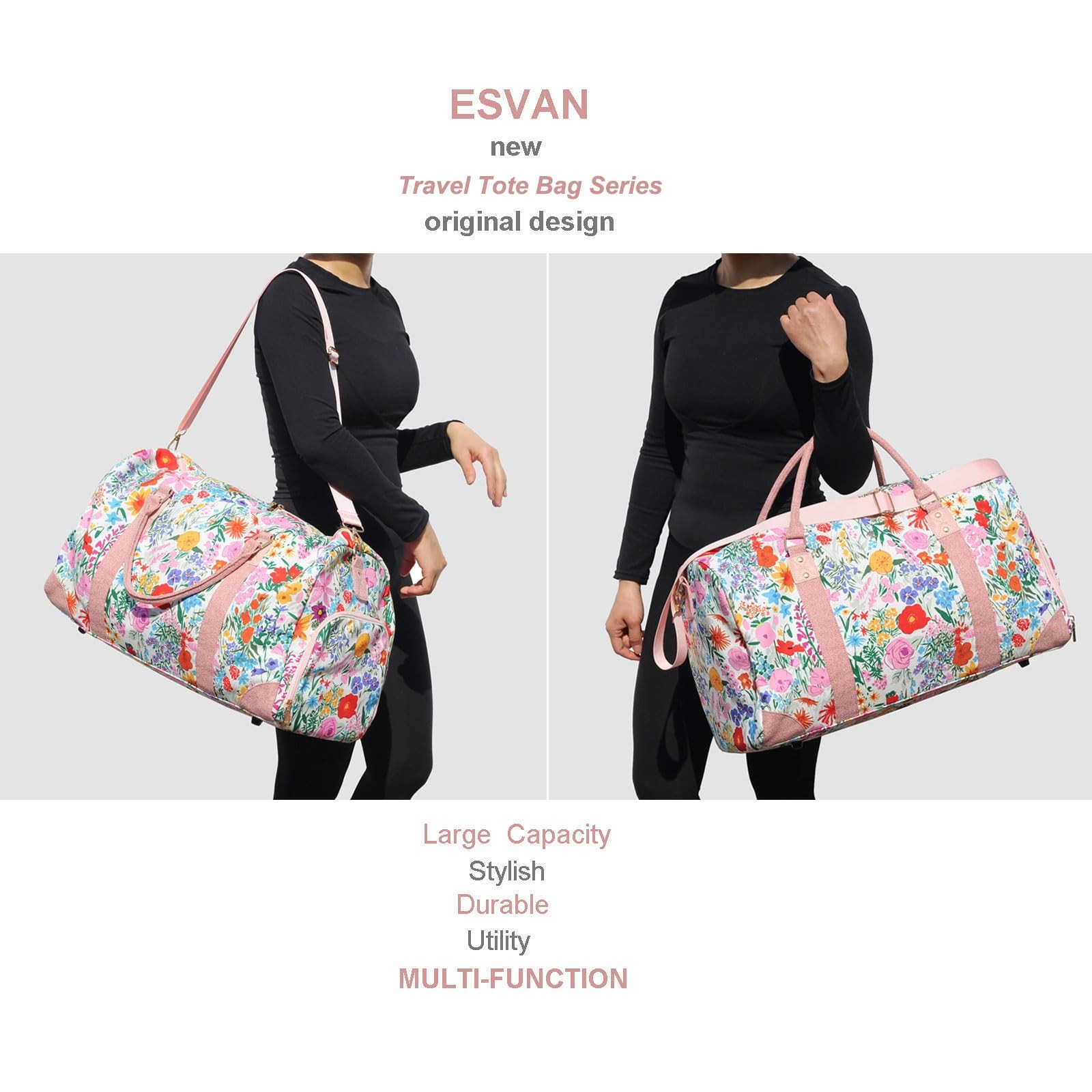 Travel Duffle Bag, Weekender Bag 21.7 x 9.3 x 11.8 inches, Canvas Pink flower