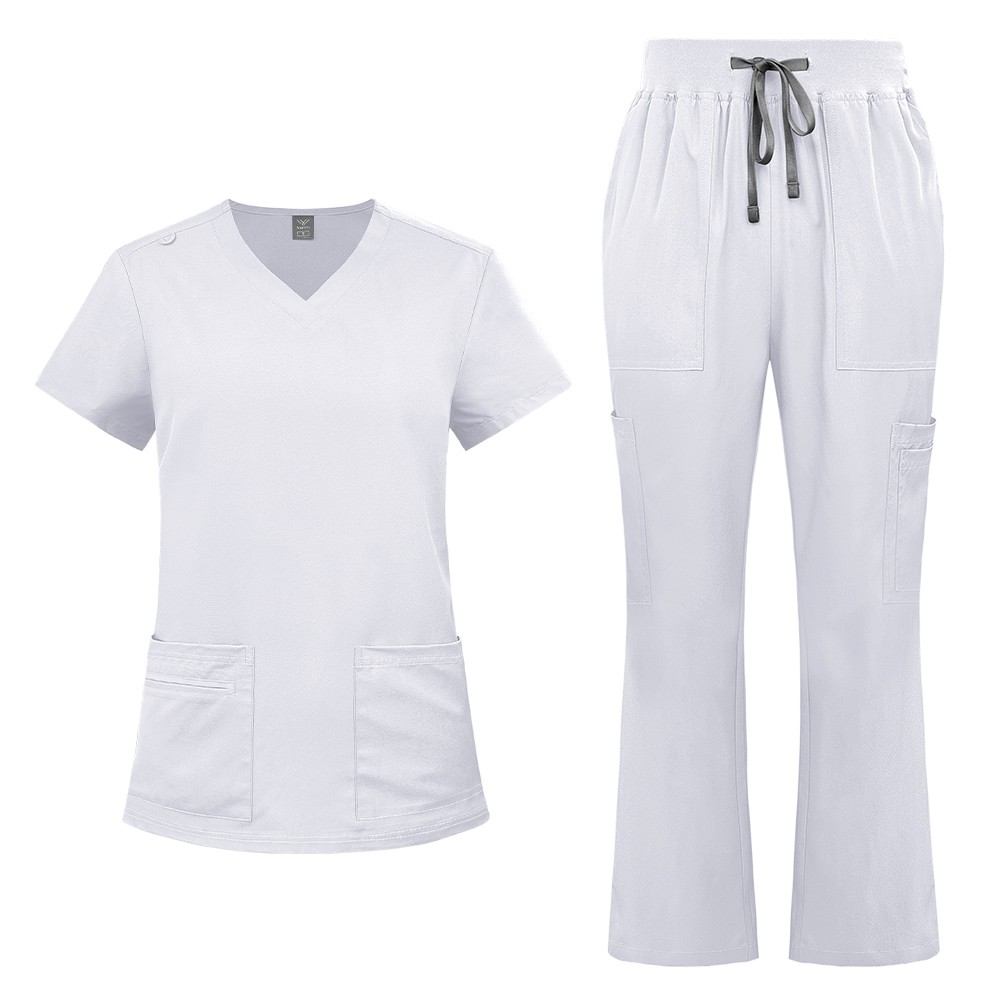 2025 Nursing Medical Scrub Set V-Neck Tops Flare Pants Drawstring Multi-pocket
