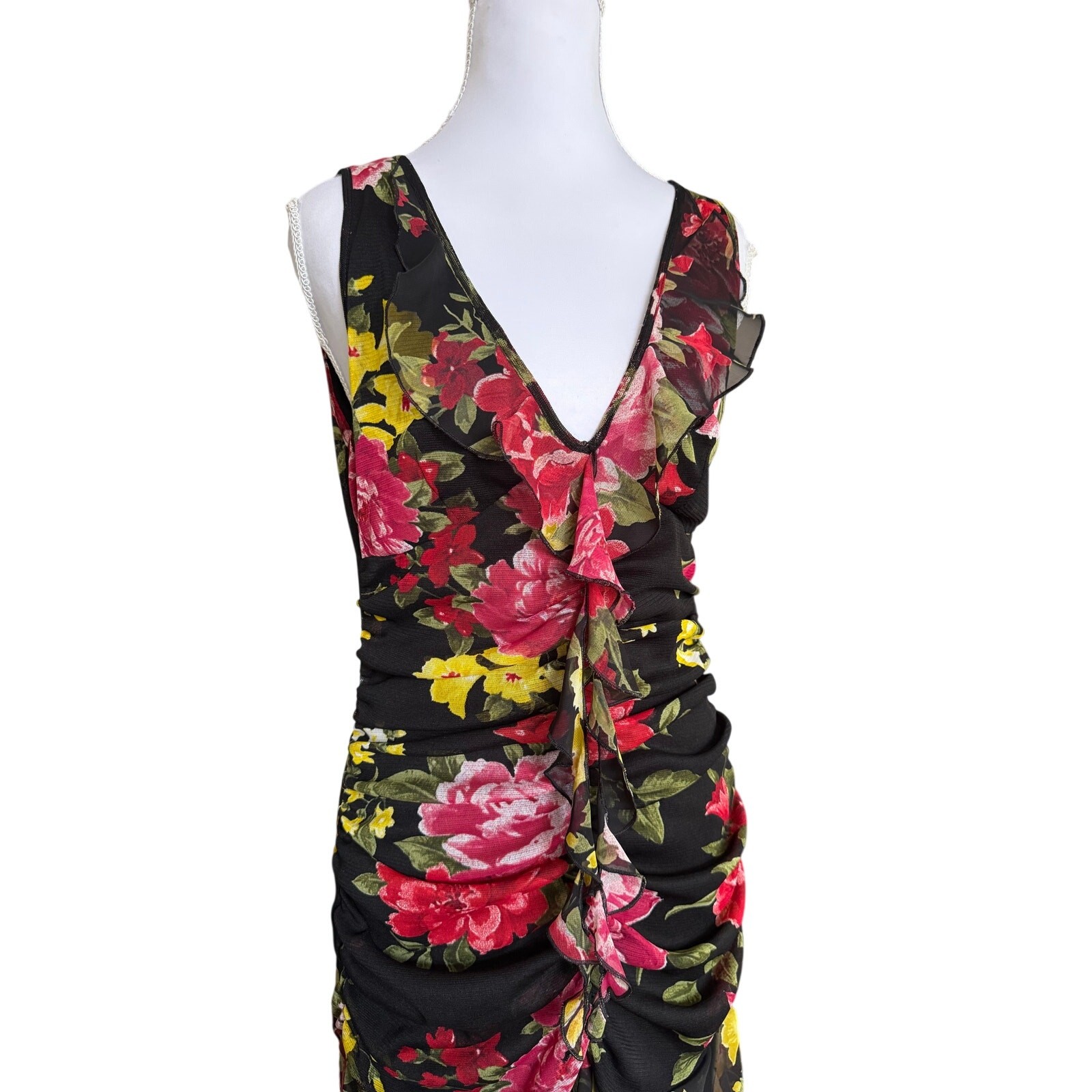 Morgan De Toi Floral Ruched Midi Dress Black Sheer Overlay Ruffle Size T2 S