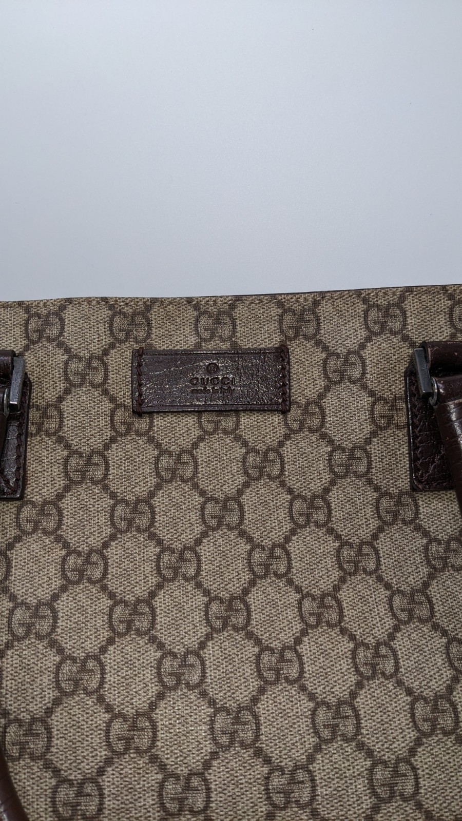 Gucci GG Supreme Monogram Canvas Brown Leather Large Tote Shopper Bag