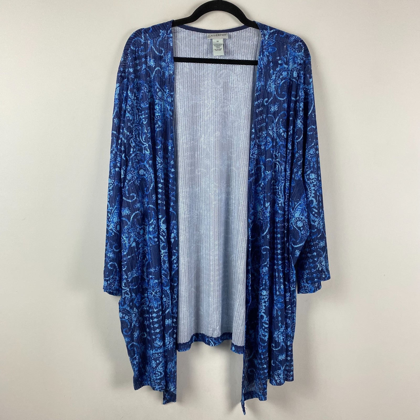 Catherines Open Front Cardigan Size 5X Blue Paisley 3/4 Sleeves Open Weave