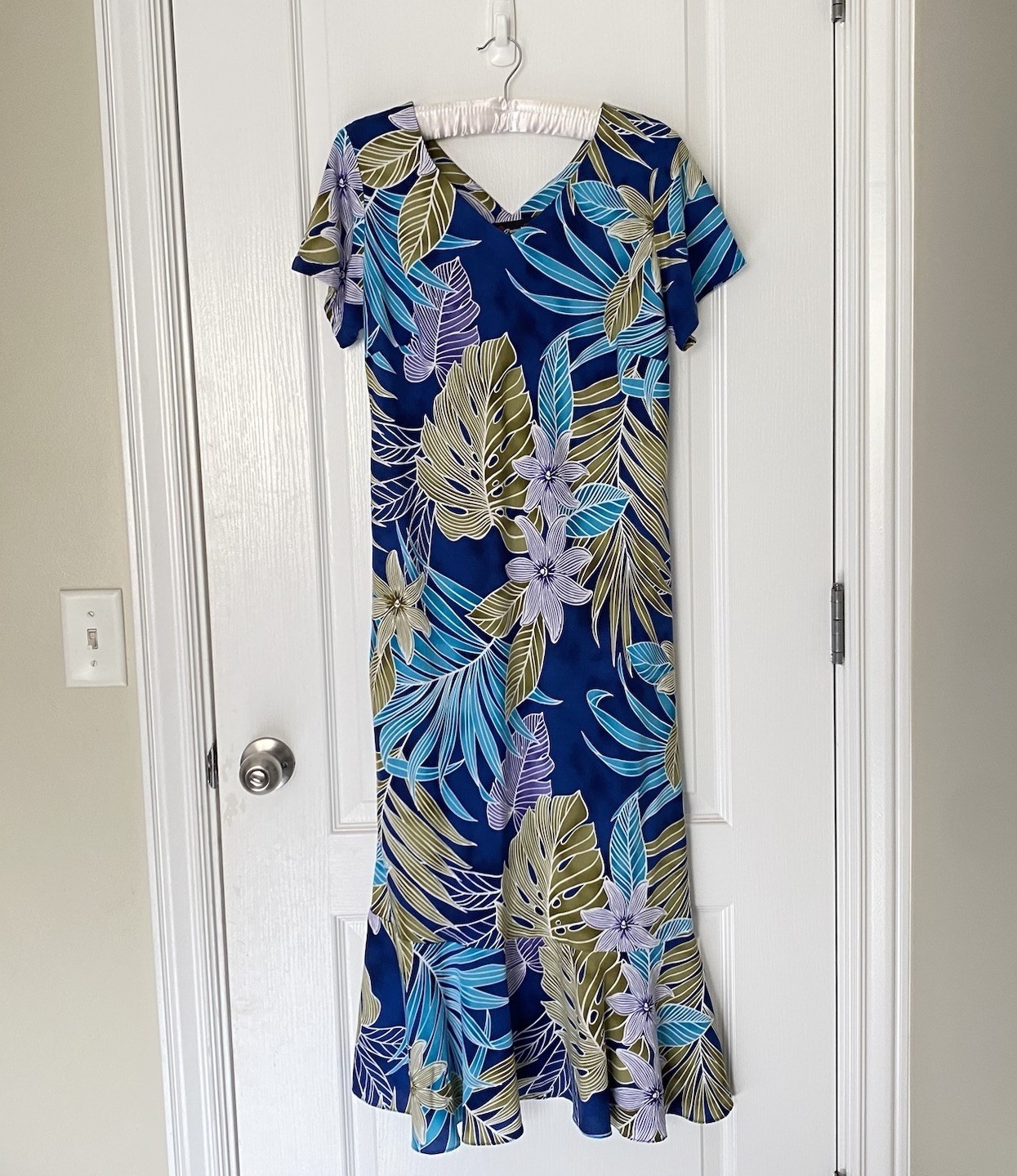 PUMEHANA Hawaiian Midi Dress w/ Kick Pleat By Island Aloha Wear Blue Green Sz Lg