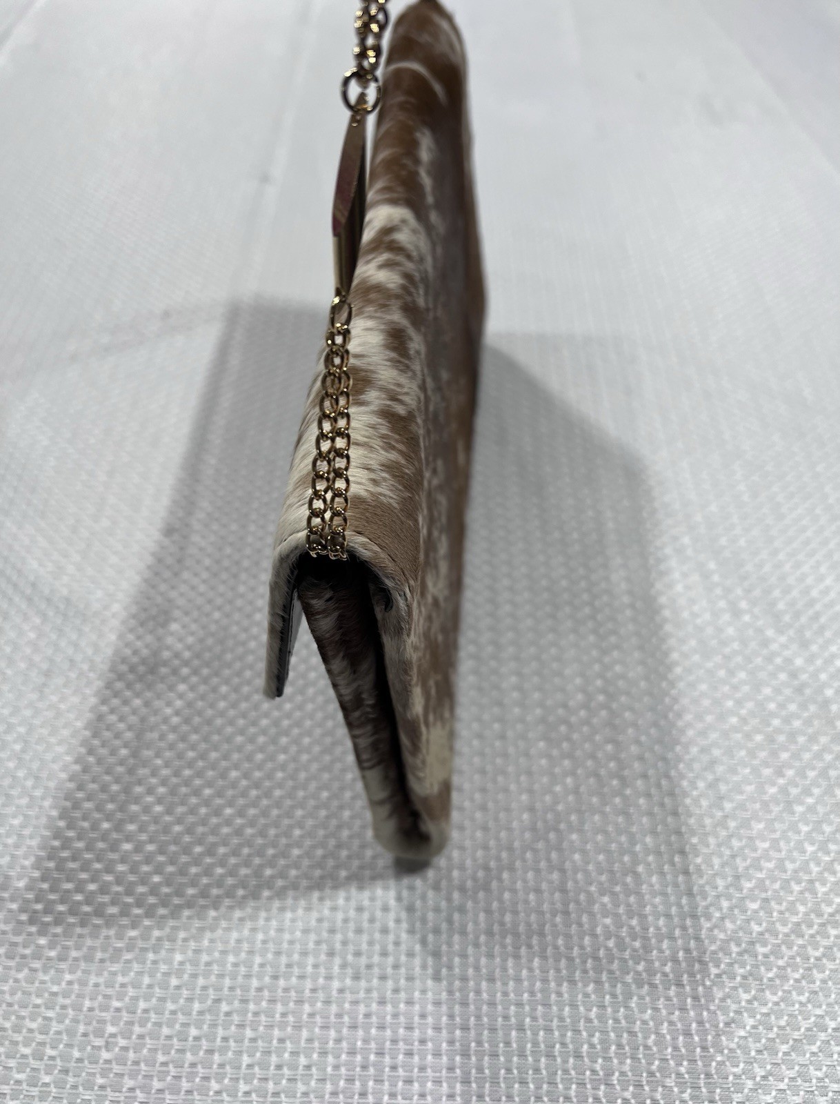 Brown & White Cowhide Hair-On Hide Clutch Shoulder Bag w/ Chain Strap Snap