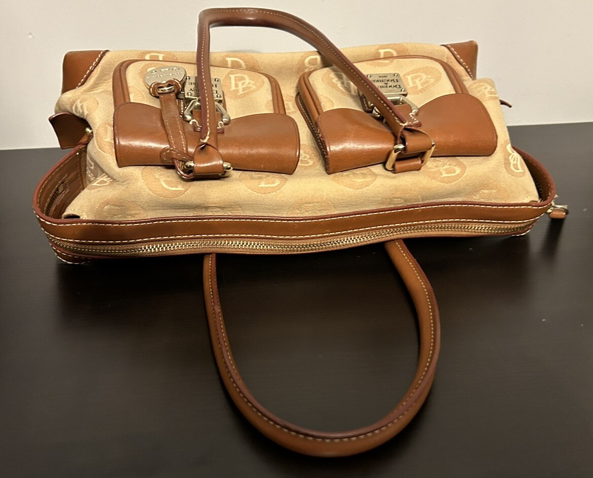 Dooney Bourke Satchel Purse Tan Canvas Leather 2 Front Lock Double Pocket