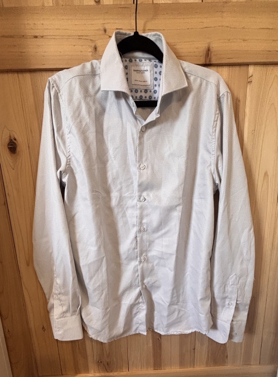 Denim & Flower Slim Fit White Geometric Dress Shirt M 32/33 Easy Care Cotton