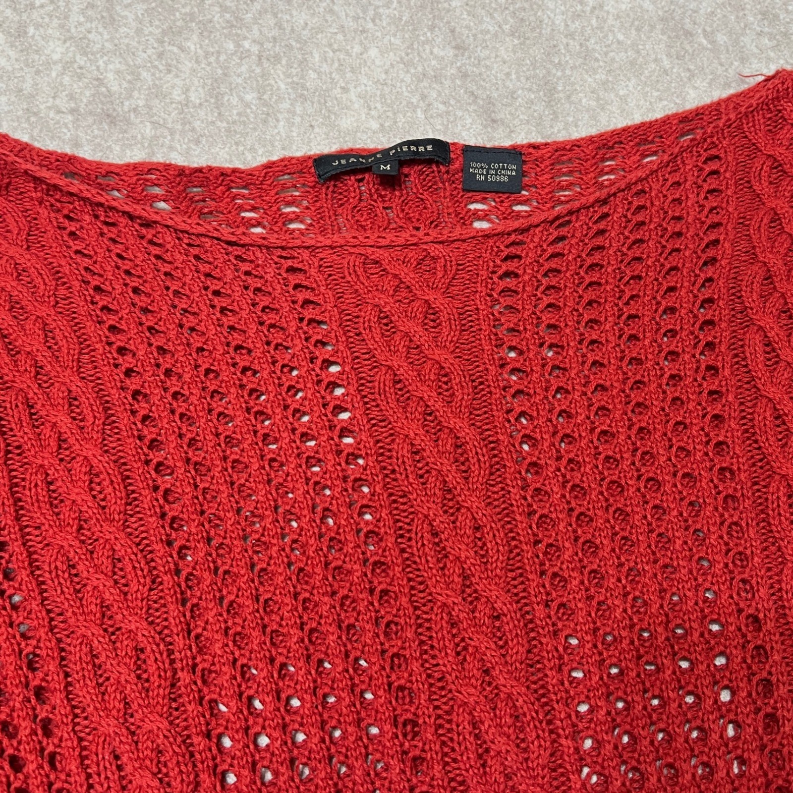 Jeanne Pierre Open Knit Cable Pointelle Cotton Sweater Rust Orange Red – Medium