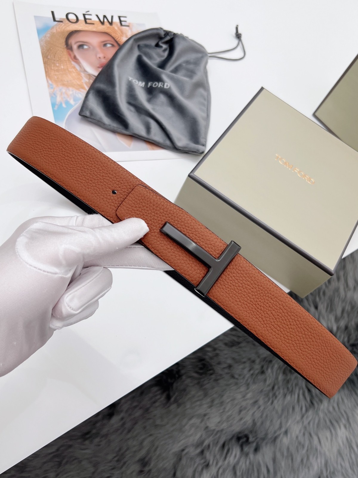 Tom Ford Belt Reversible Black T-Buckle, Brown/Black Calfskin Leather