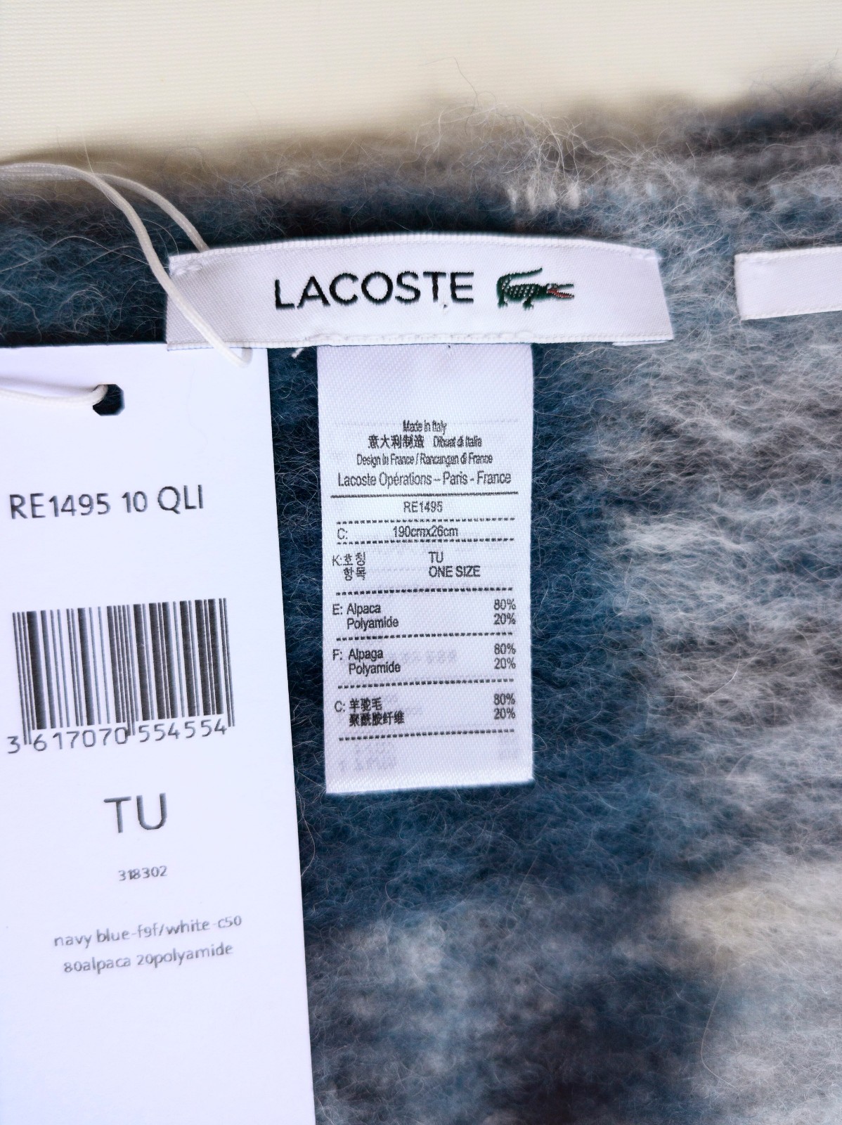 NP~$130 Lacoste Alpaca Scarf, Soft, Thick, Hairy! checked blue grey, warm scarf