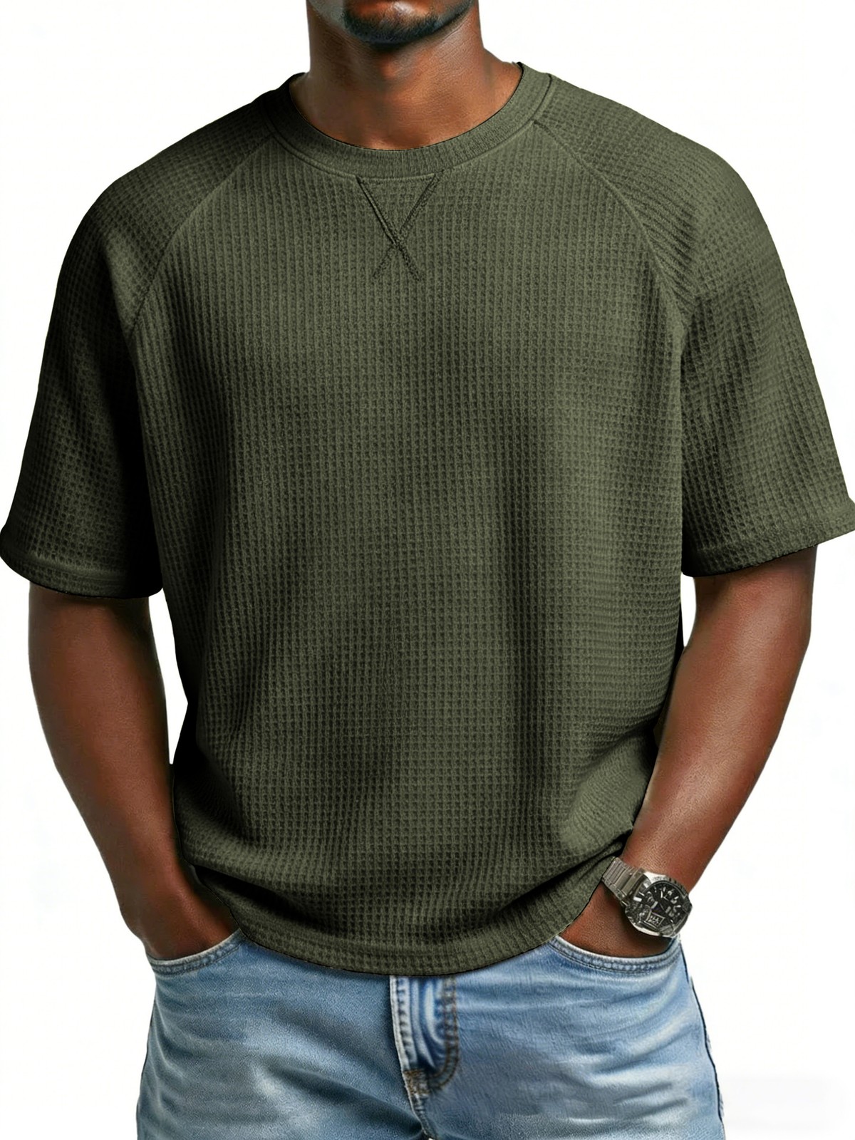 Men’s solid color embroidered raglan crew neck casual sports short sleeve