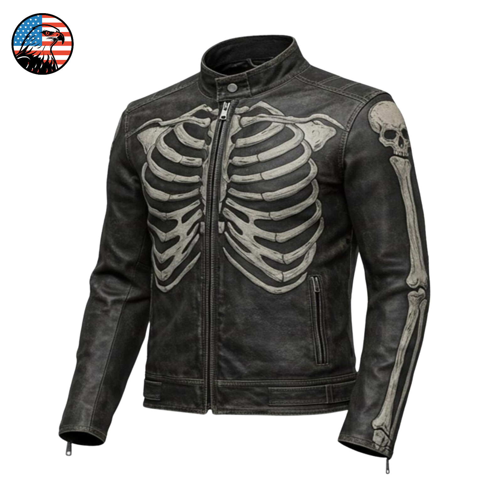 Men’s Distressed Skeleton Leather Biker Jacket Gothic Punk Skull Halloween Rider