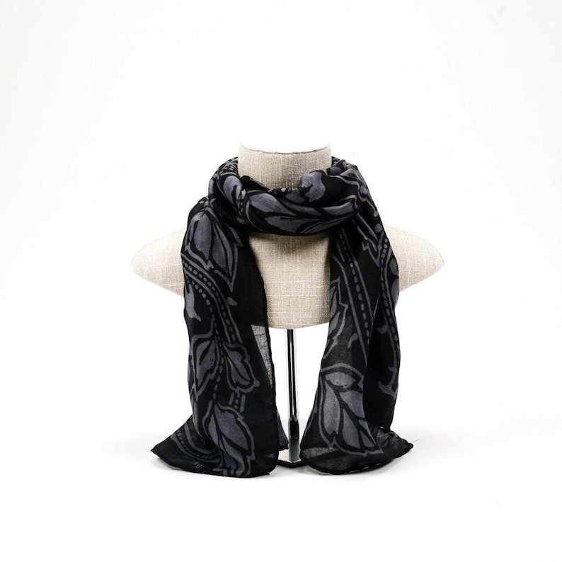 Floral Cotton Blend Scarf – Black & Grey Gothic Shawl