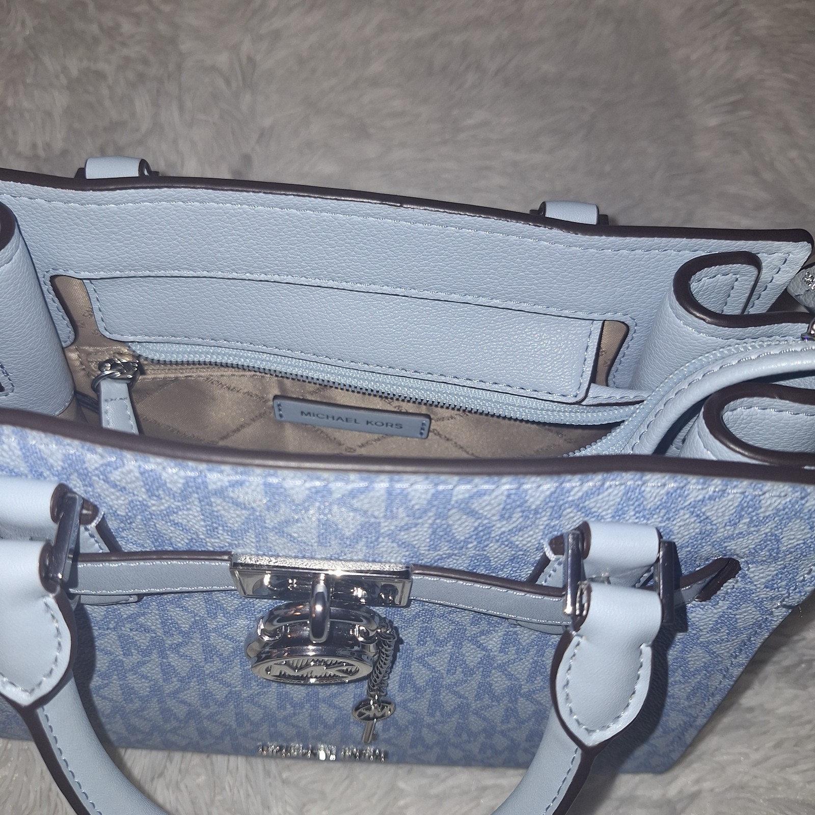 Michael Kors Hamilton Blue Monogram Satchel Top Handle Zip w/ Detachable Strap