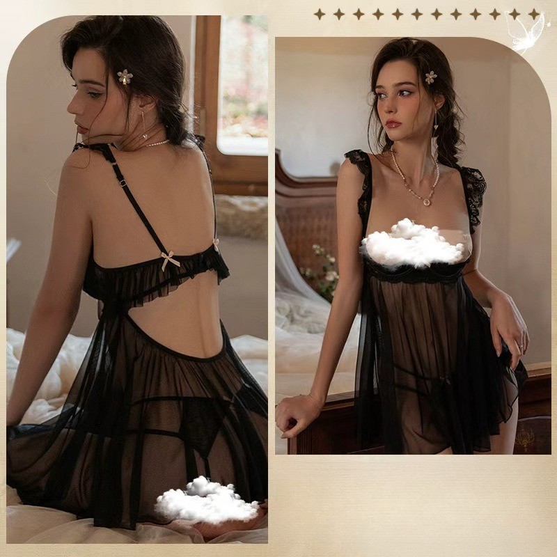 Sexy Lingerie Lace Open Bust Back Babydoll Wire PushUp Crotchless Panties Sheer