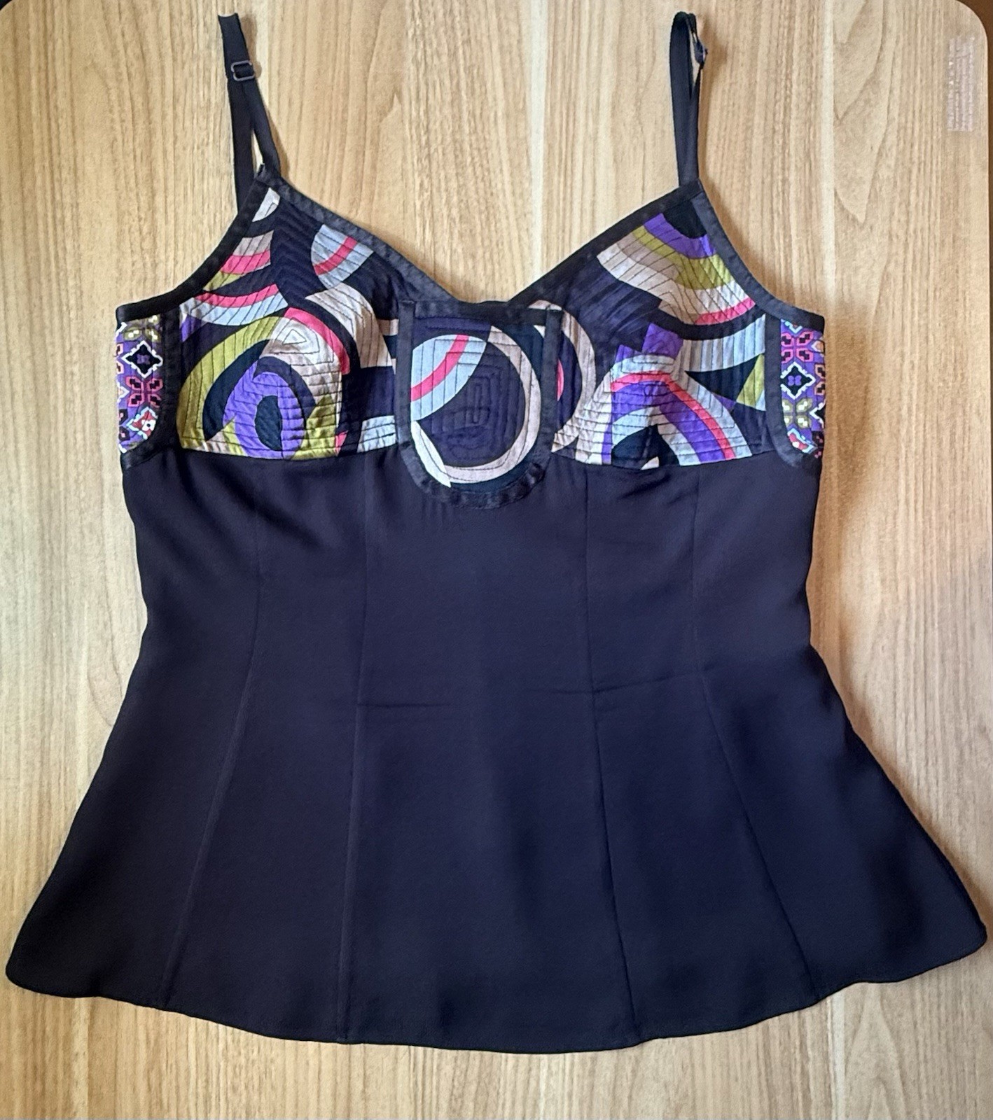 Y2K Etcetera Brown 100% Silk Geometric Cami V-Neck Lined Adjustable Strap Size 4