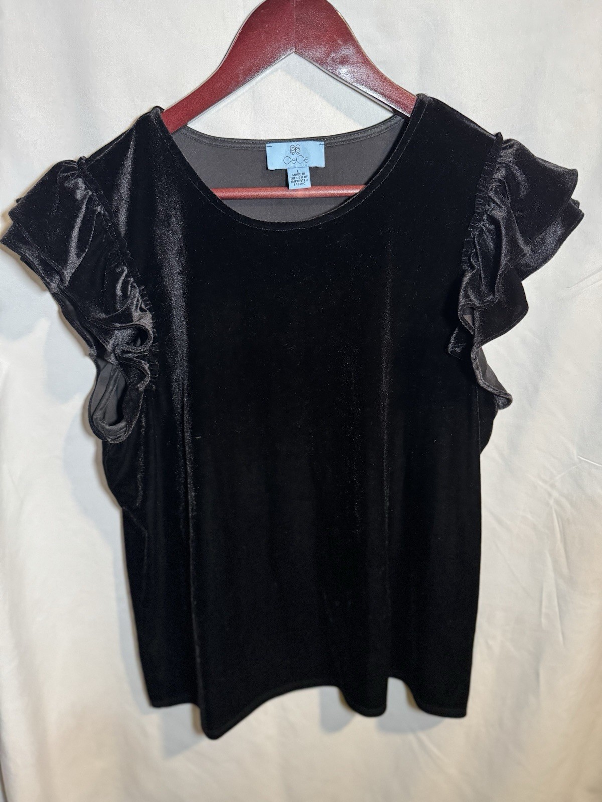 Cece Womens Black Velvet Flutter Short Sleeve Top L Crew Neck Feminine