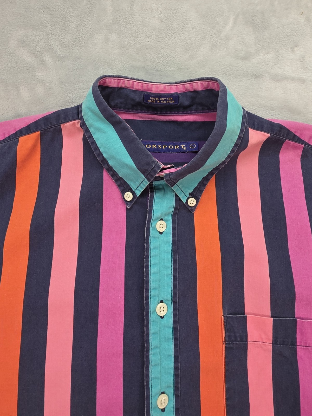 Norsport Button Down Shirt Rainbow Stripe Long Sleeve Cotton Large L Vintage