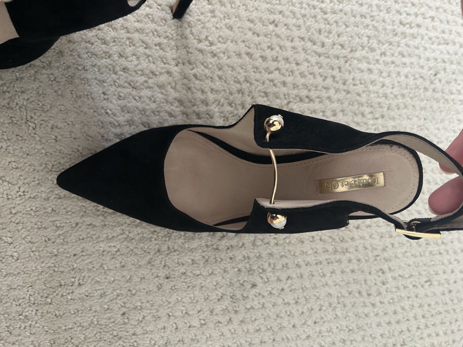 Louise et Cie Black Suede Leather Pointed-Toe Slingback Heels with Pearl, 8.5/39