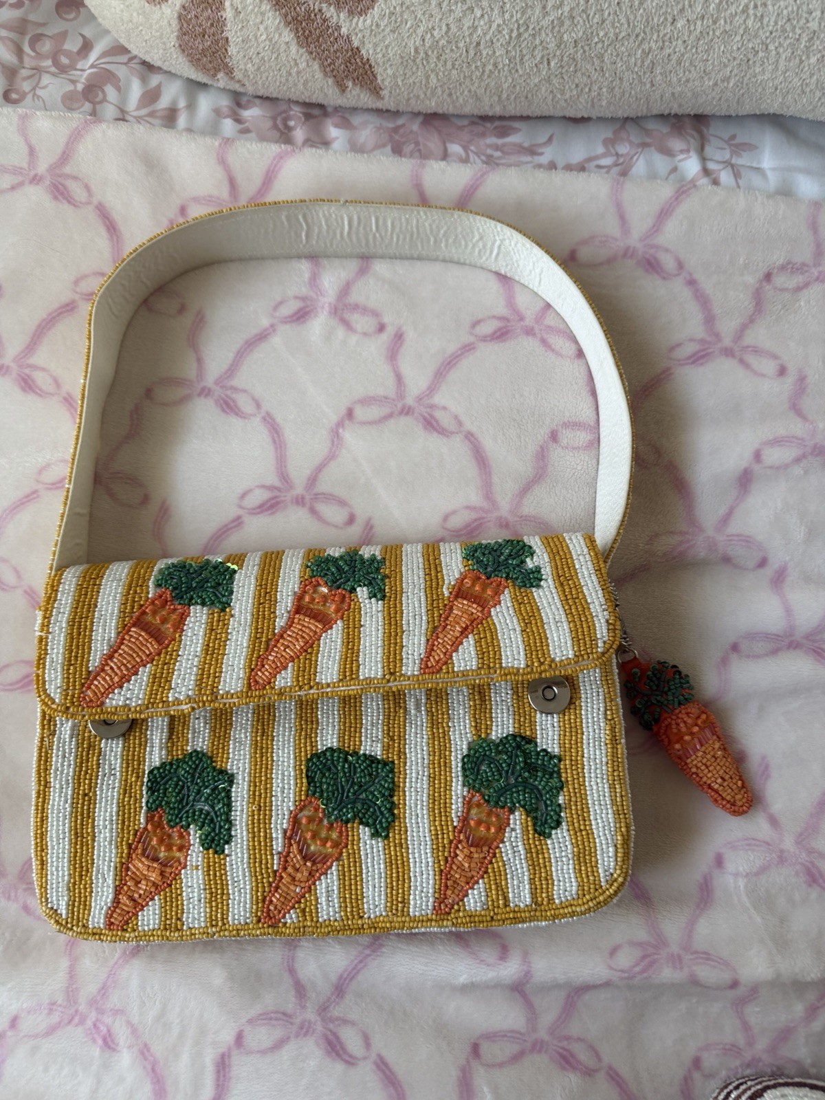 Beaded Carrot Striped Small Top Handle Bag w/ Carrot Charm Magnetic Closure