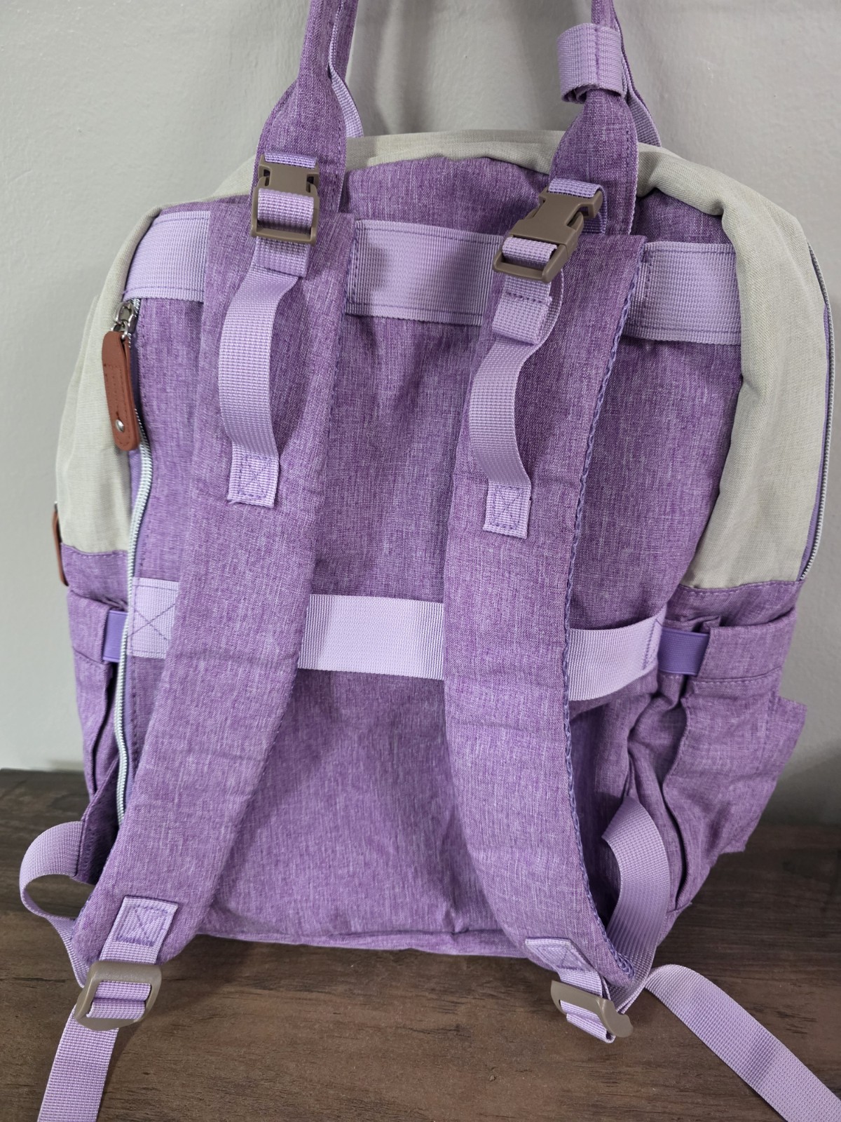 Legestori Purple Beige Solid Backpack Zip Closure Top Handle Pockets Casual