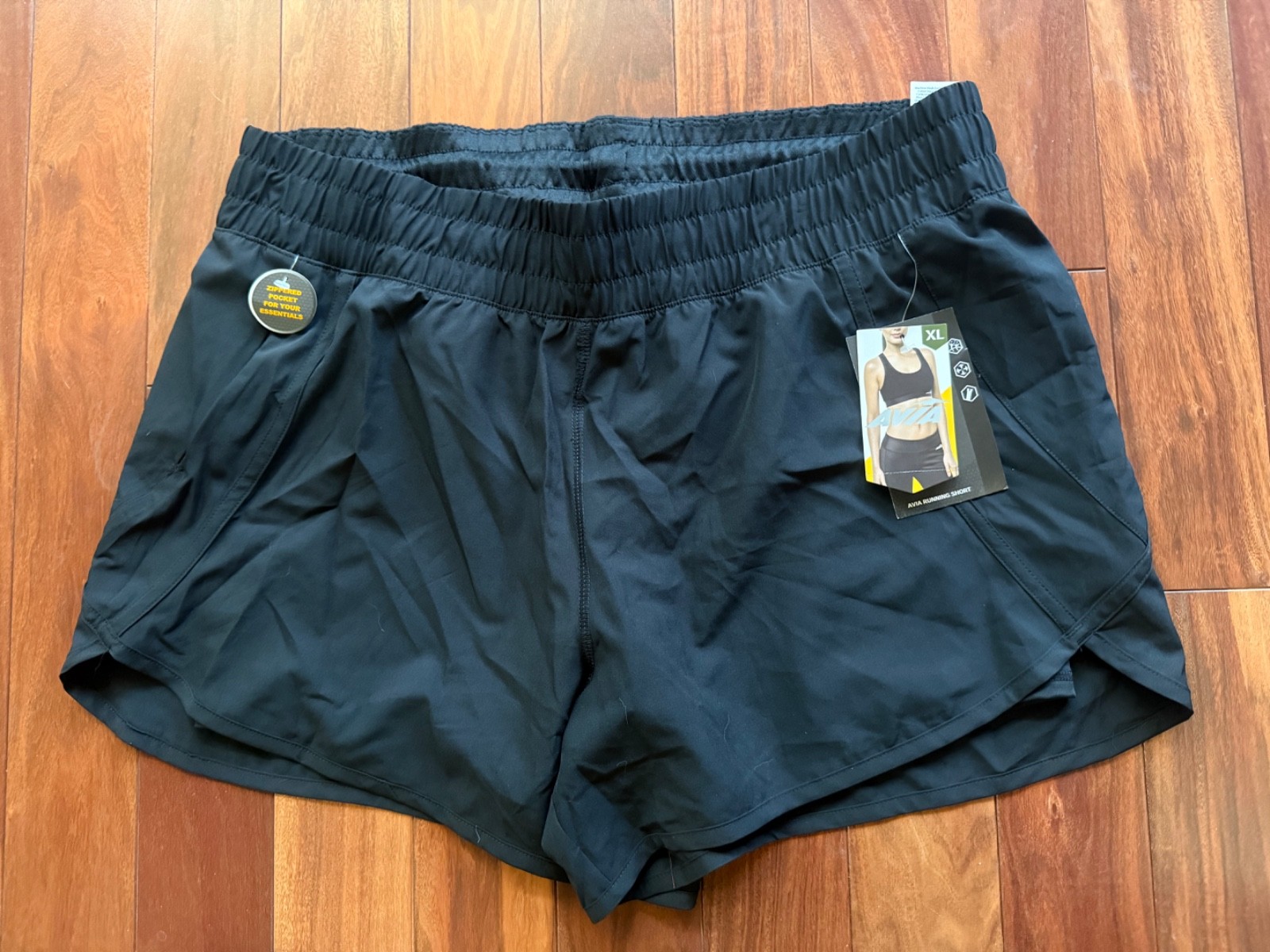 Avia Black Athletic Shorts Size XL(16-18) Built-in Spandex Zip Pocket 4″ Inseam