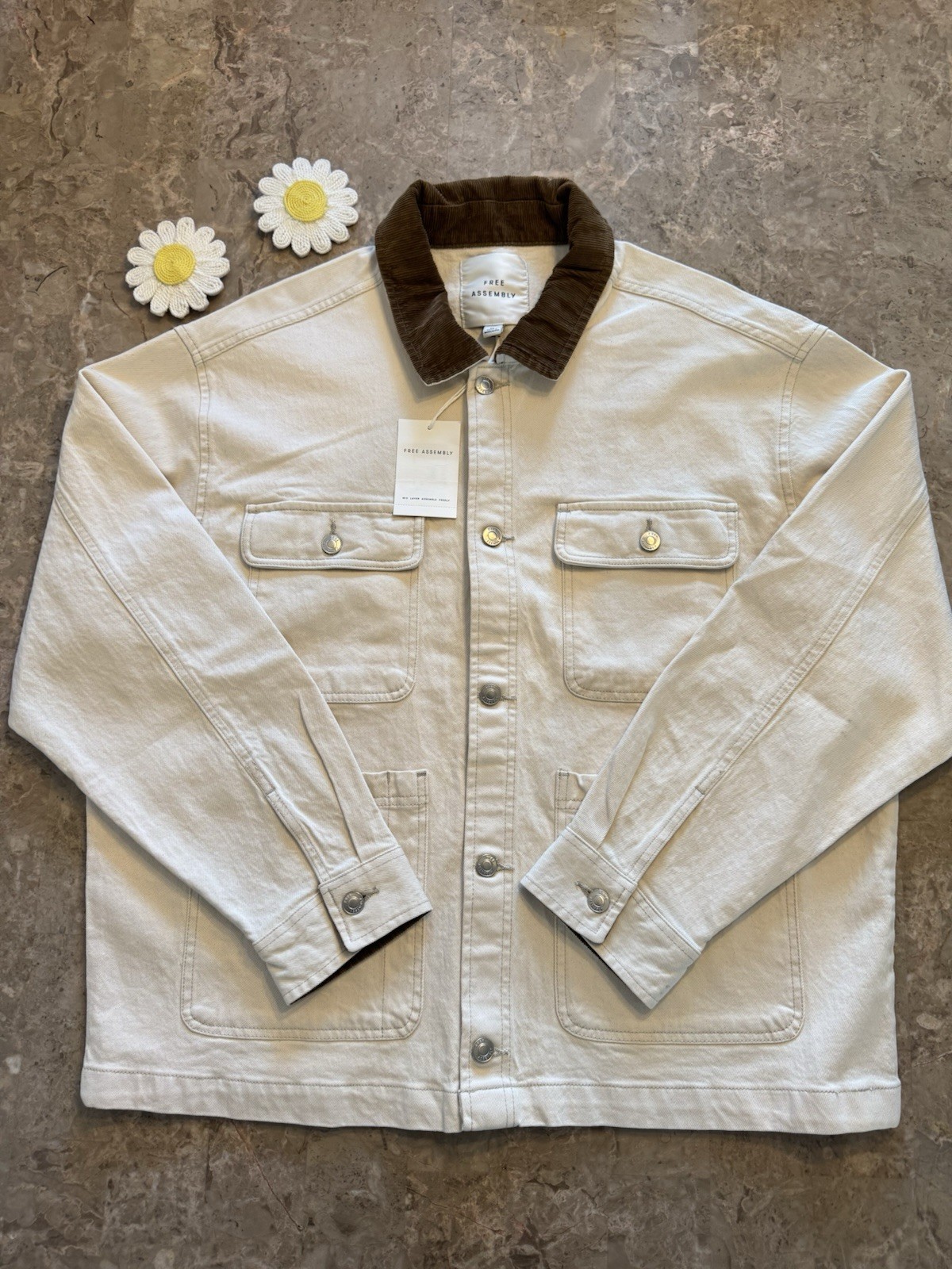 Free Assembly Men’s Canvas Barn Jacket Corduroy Collar Chore Coat Cream XL NWT