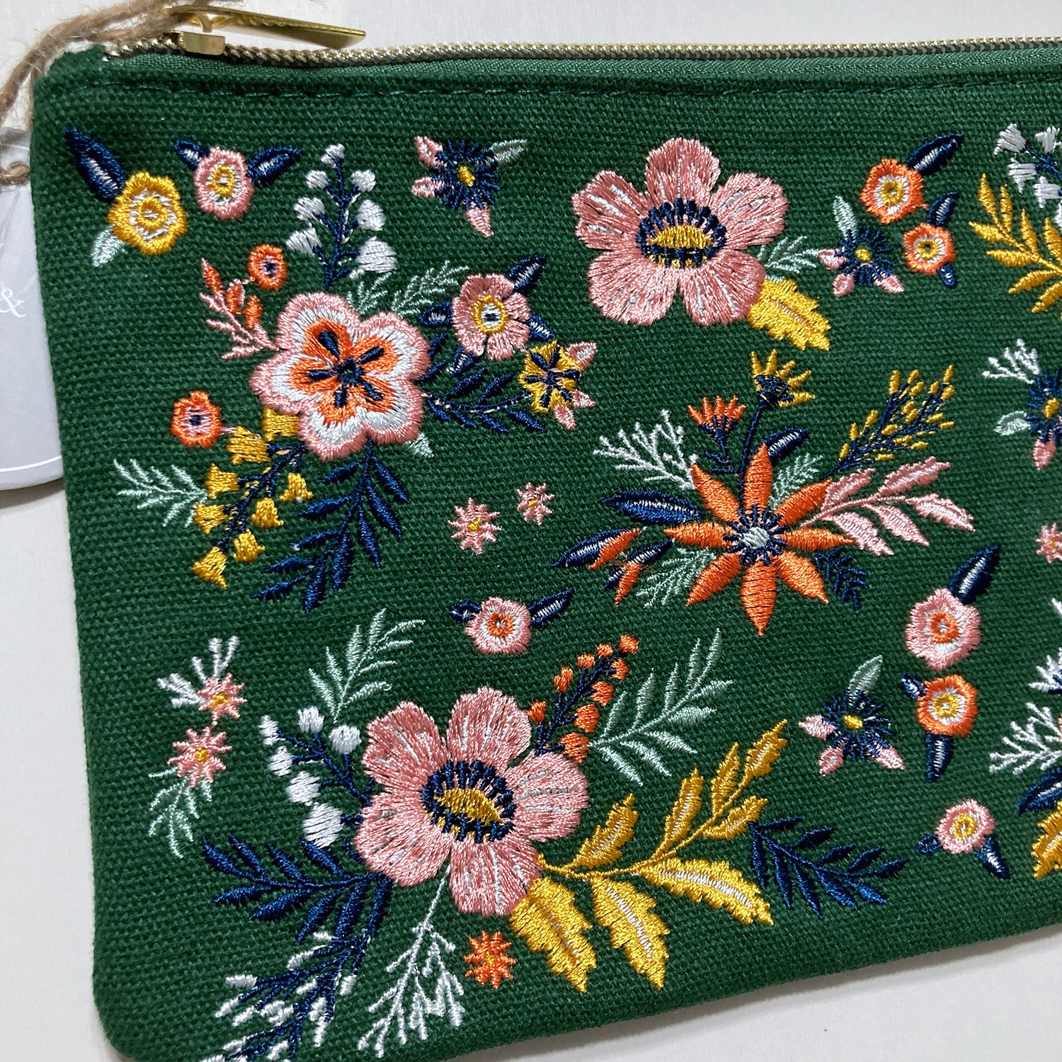 Embroidered Flower Zipper Pouch Cosmetic Bag Travel 7.75″ Green Molly & Rex