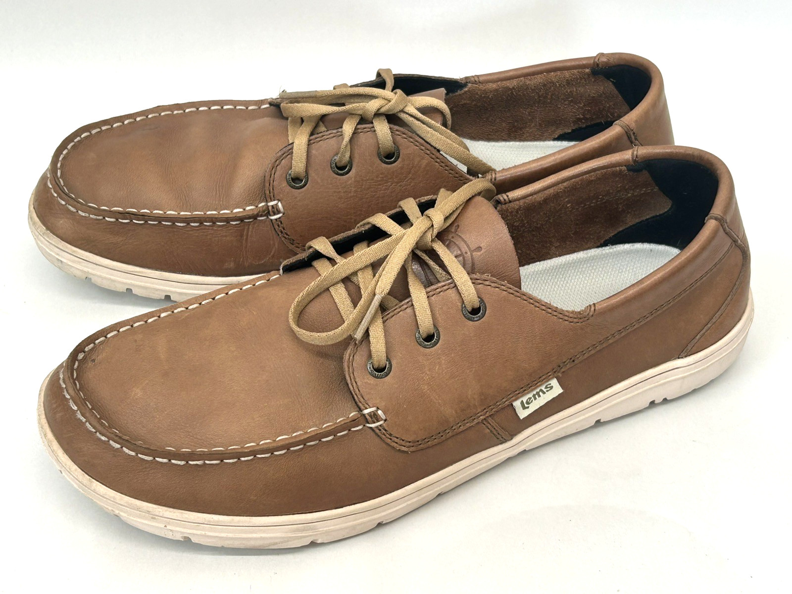 LEMS Men’s Mariner Walnut Brown Leather Zero Drop Boat Shoes EU 48 US 14