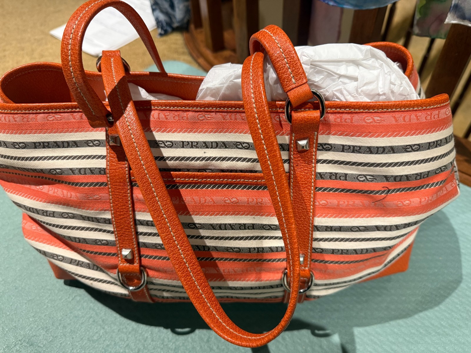 PRADA Authentic Tote Bag Canvas Orange Beige w/Silver plated hardware