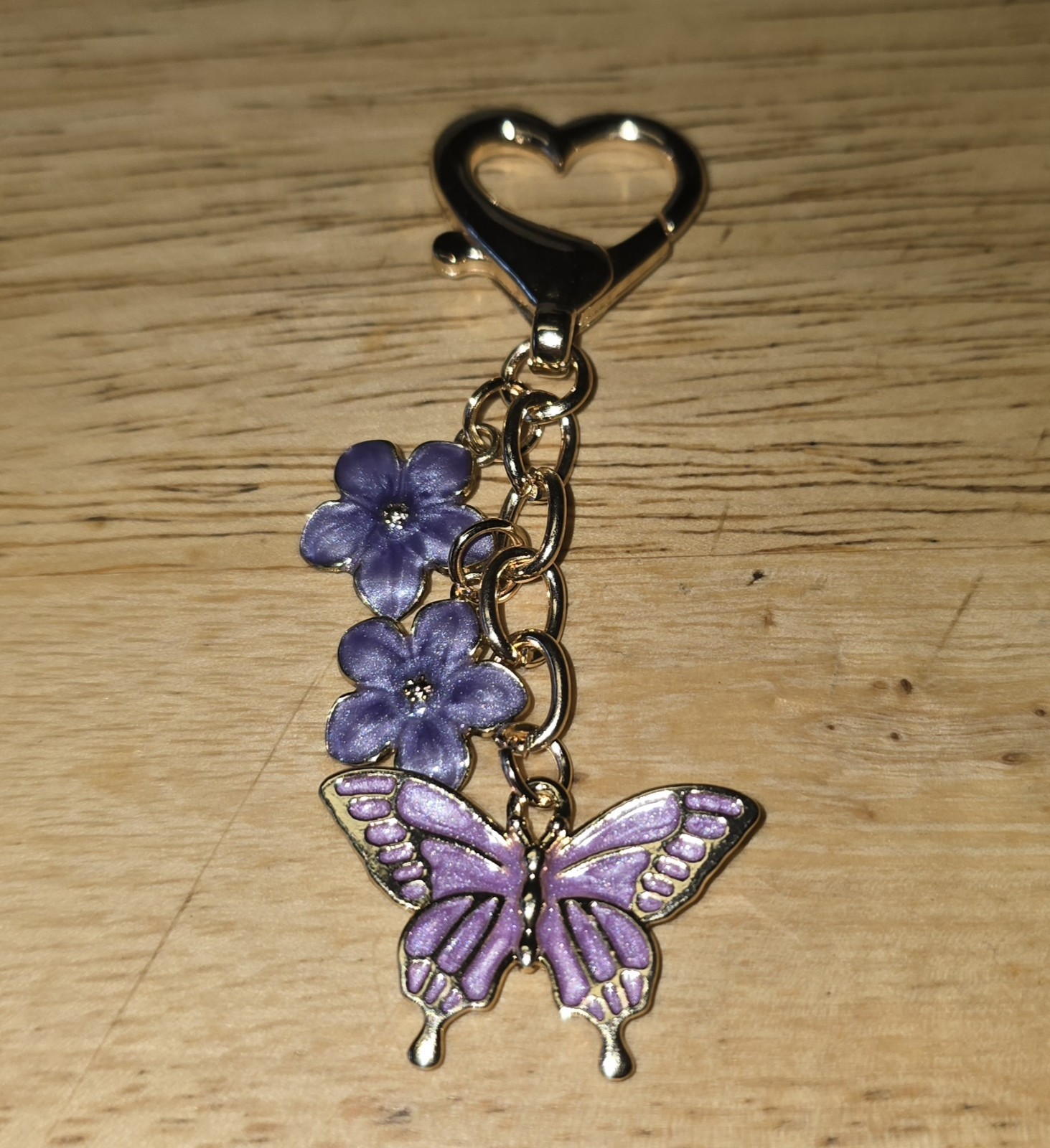 Enamel Purple Butterfly And Flowers Purse Charm Gold Tone Key Chain
