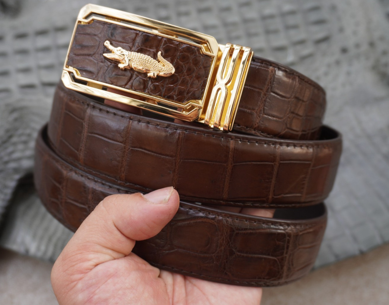 W1.3 inch Brown Genuine Crocodile Belly Leather Skin Men’s Belt Buckle #R63