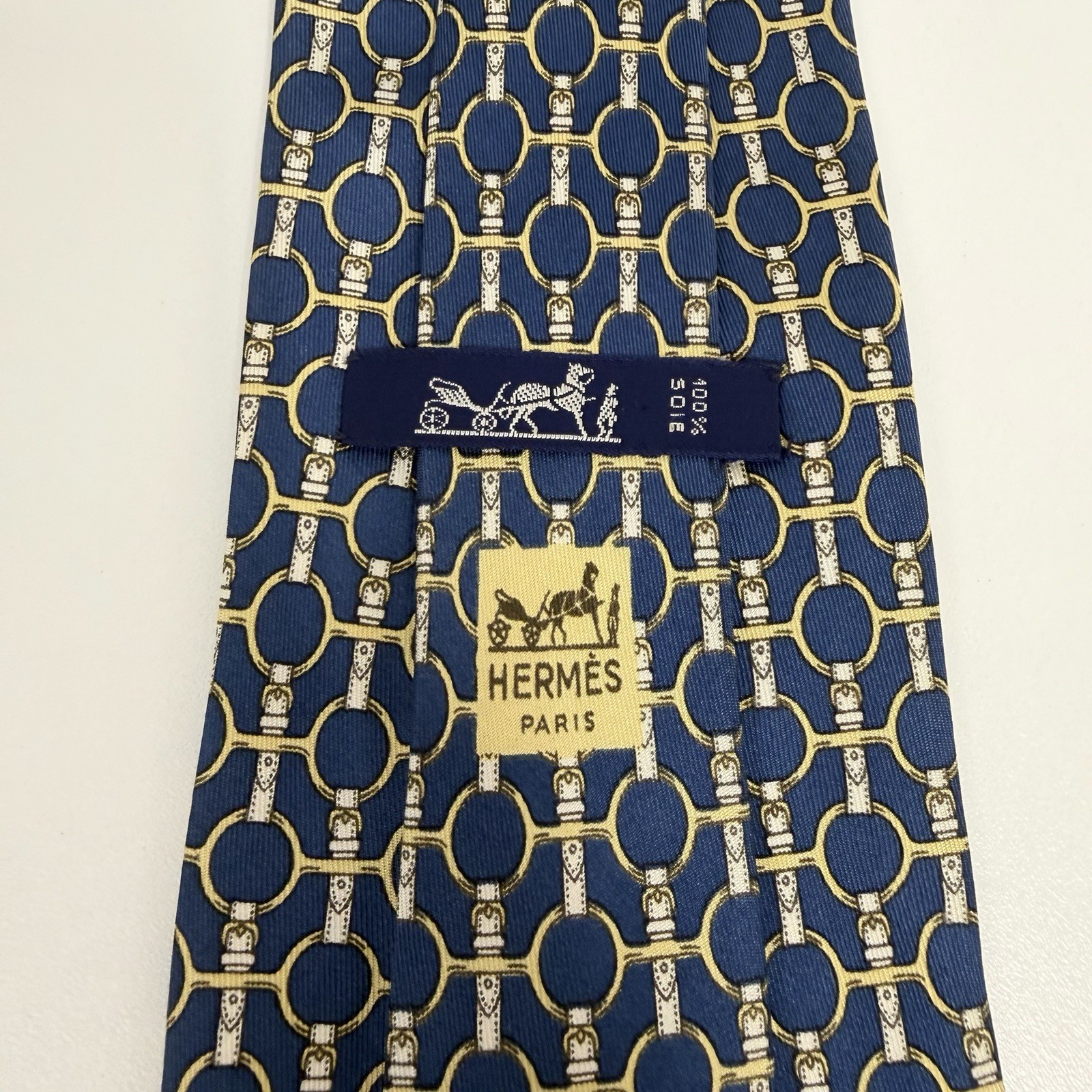 Hermes Men’s Tie Equestrian Horse Bits Navy & Yellow Silk 627 TA 3.75″ x 56″ guc