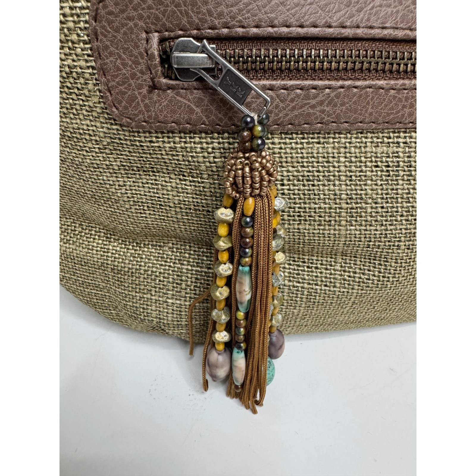Mary Frances Olive Green Burlap Floral Embellished Beaded Hobo Bag Brown Braided