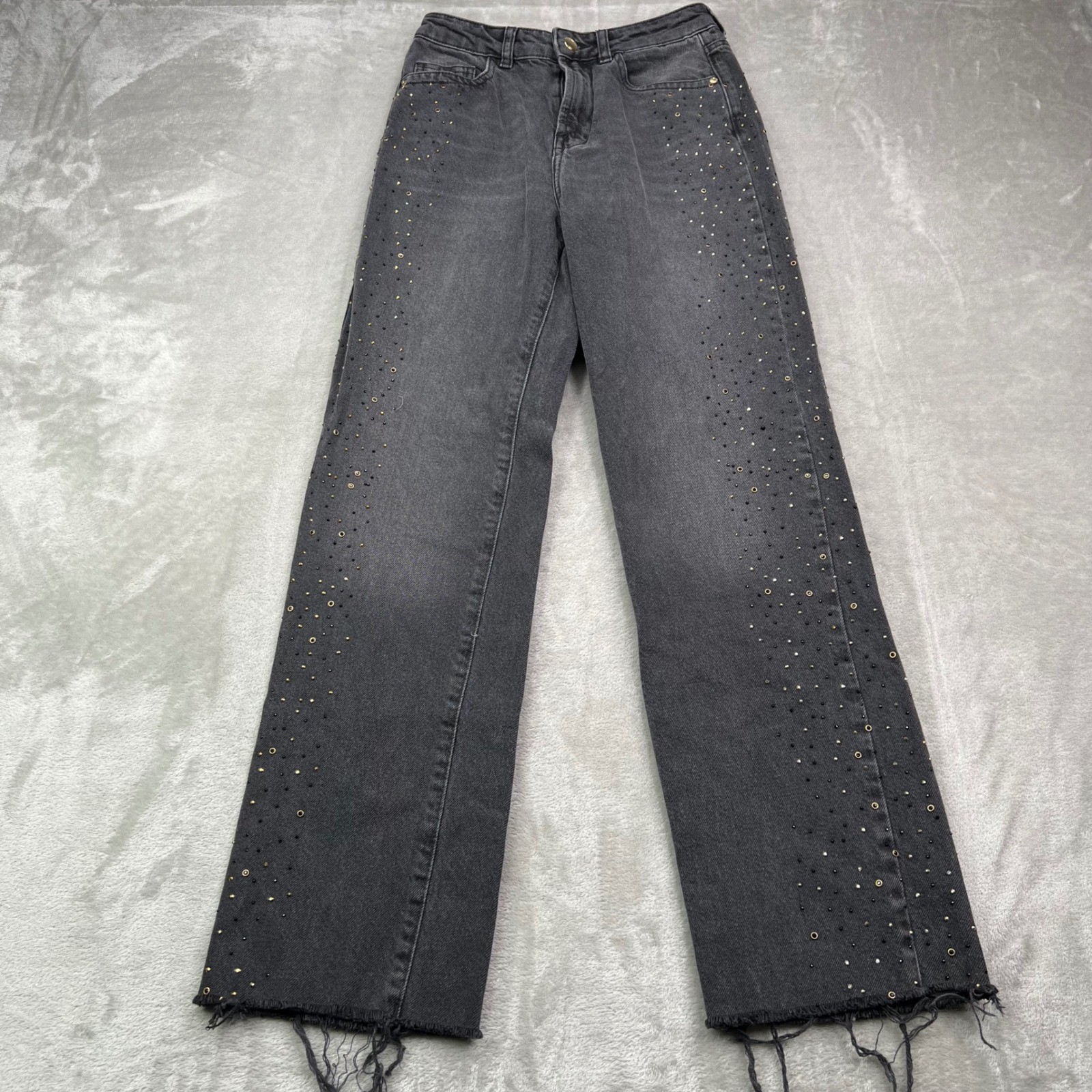 Zara Straight Leg Jeans Womens 2 Black Studded Grommet Embellished Raw Hem