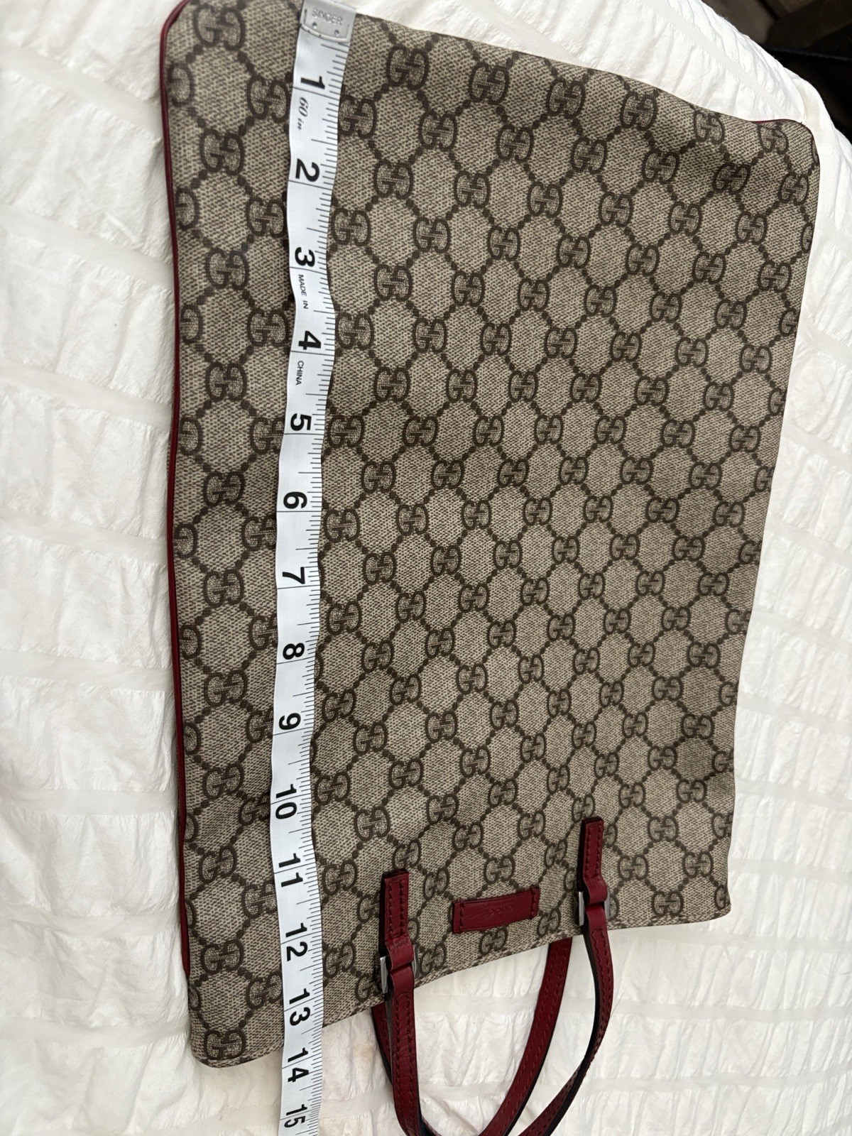Gucci GG Supreme Medium Tote Beige Brown Red Double Leather Handles COA