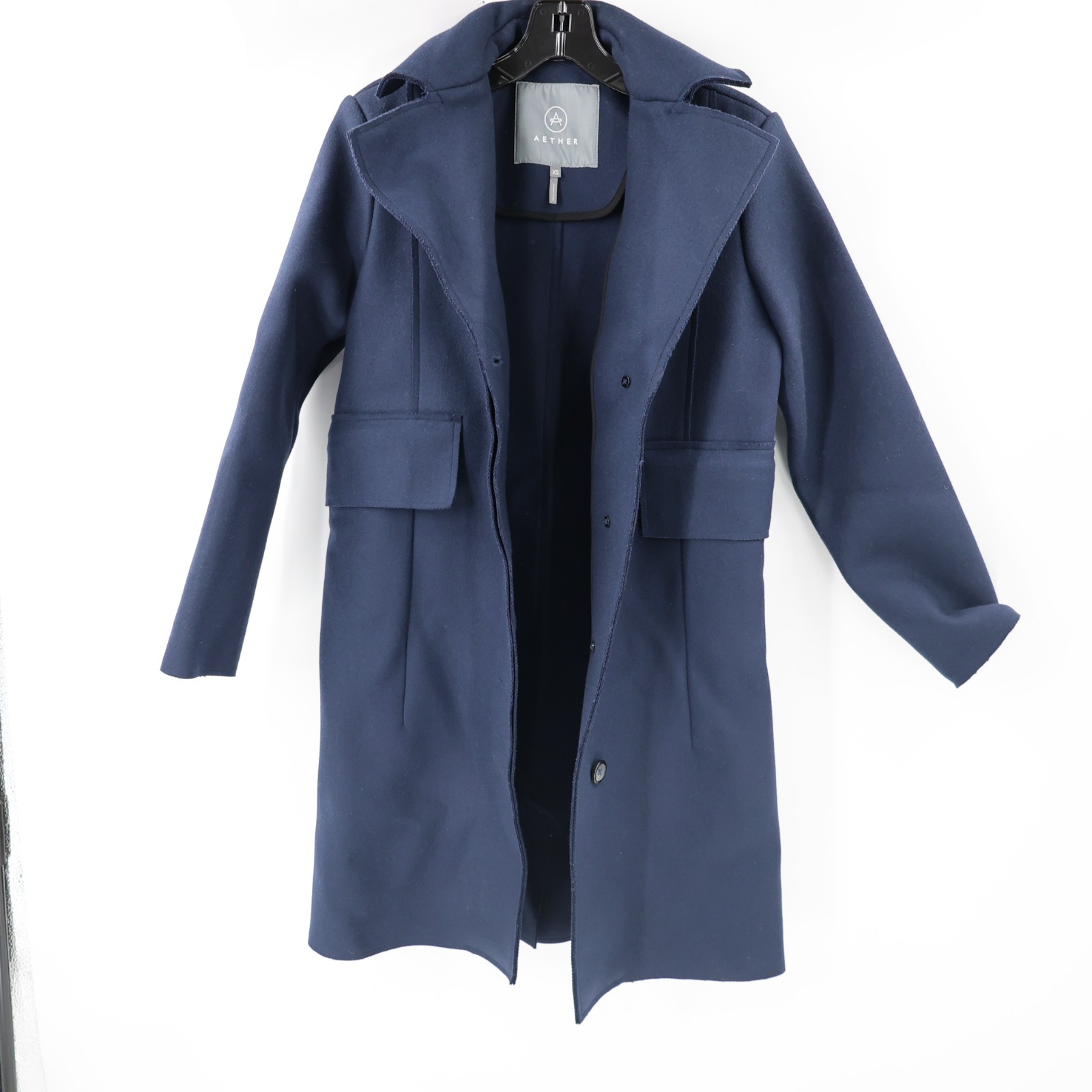 AETHER Madison Jacket womens xs virgin wool blend button front overcoat blue